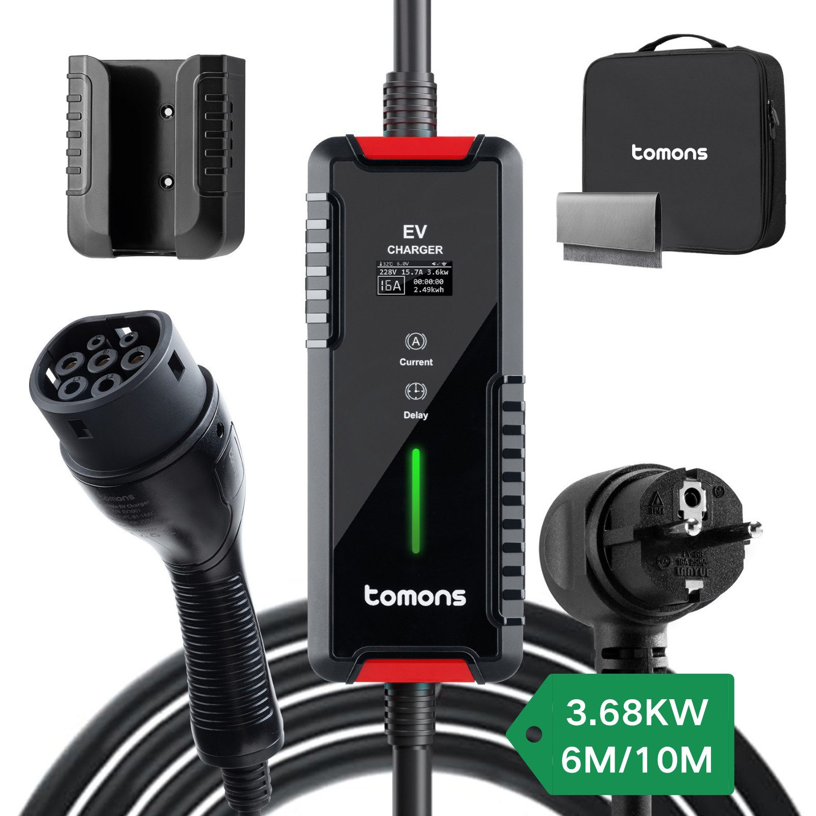 Tomons Ladekabel Elektroauto Typ 2 Schuko 3,68 kW Wallbox Autoladekabel, (600 cm), IP65, mit Verzögerungsfunktion