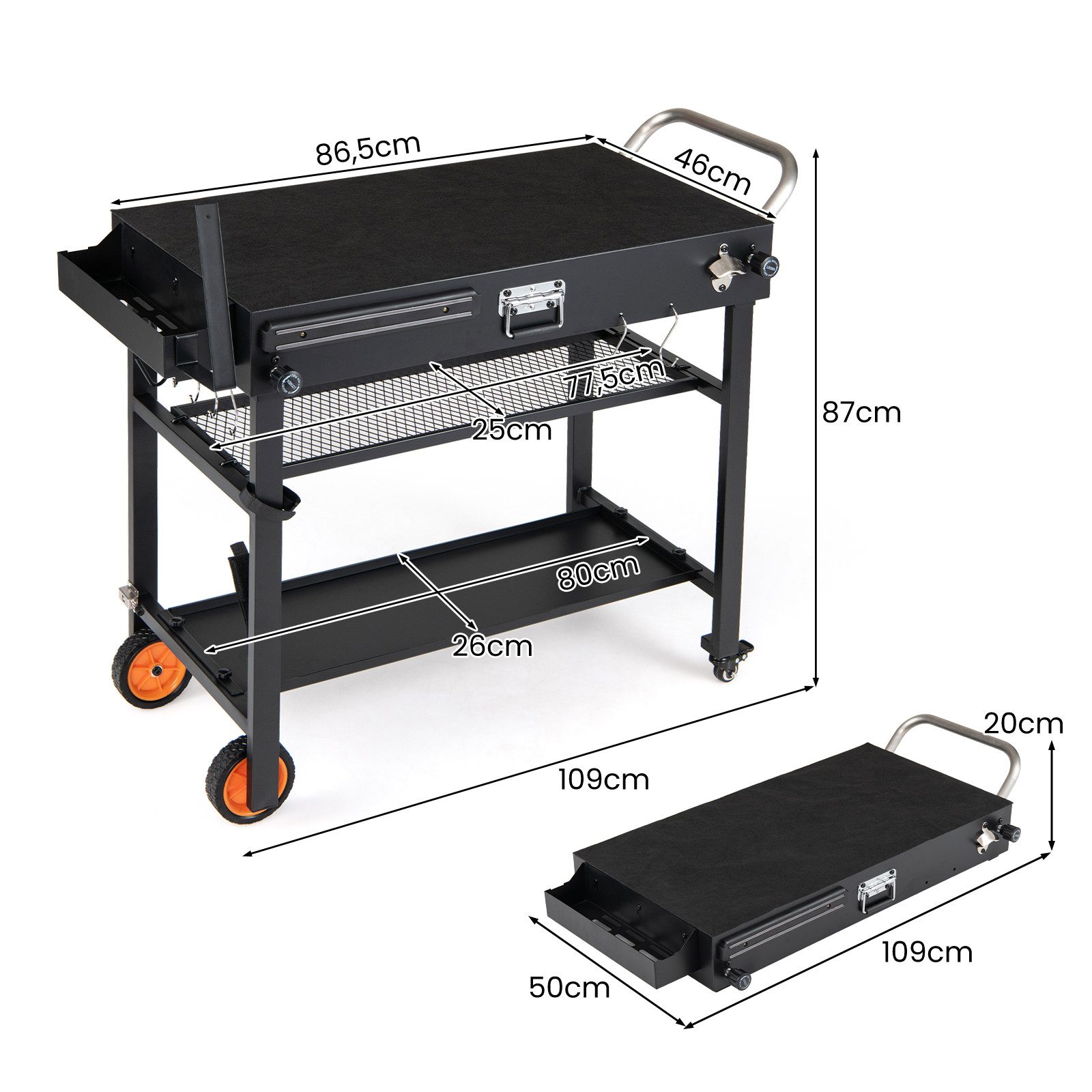 COSTWAY Grillablagetisch, Klappbarer Grillwagen mit 3 Ebenen, Unterlage & Haken