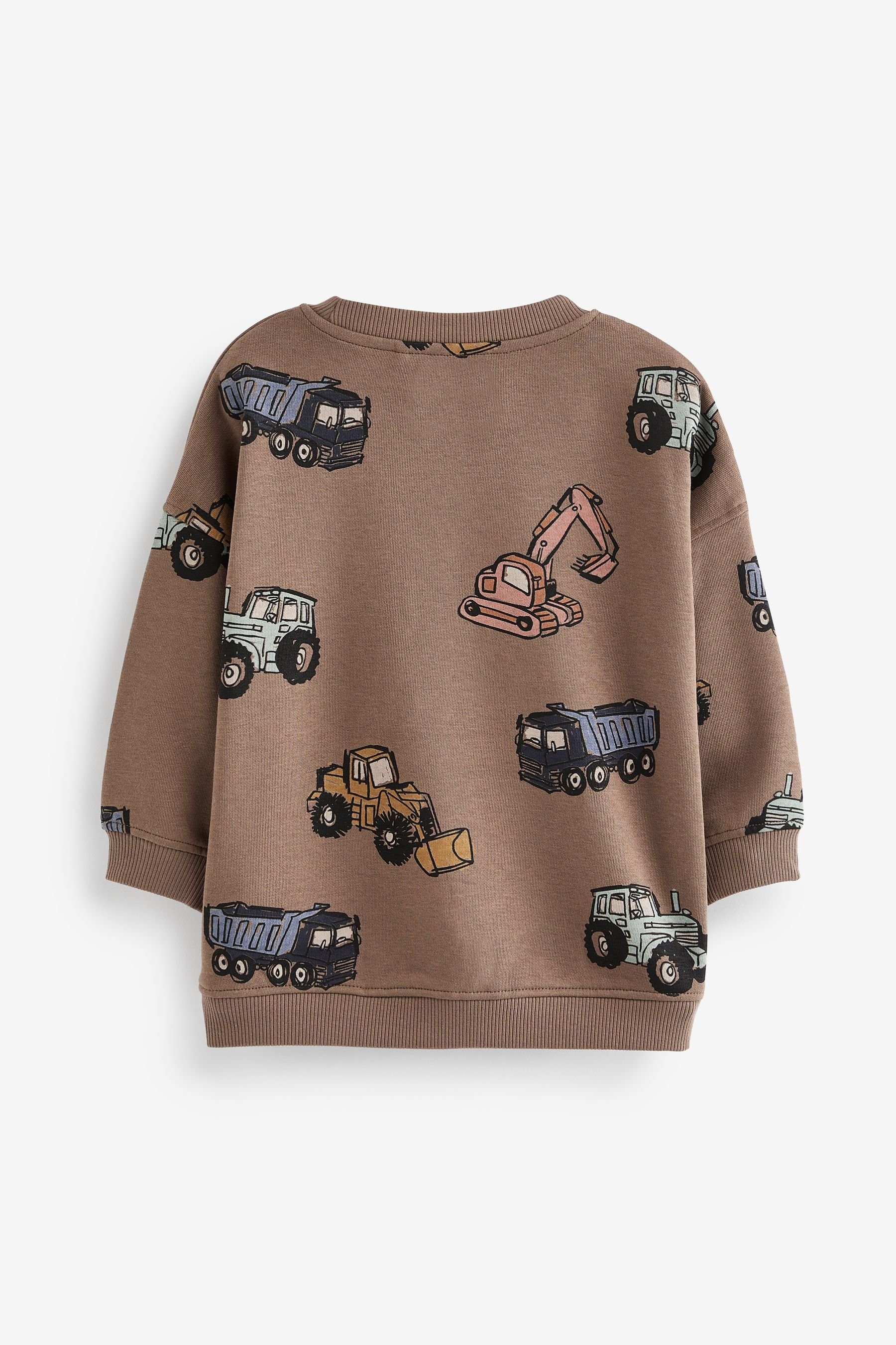 Sweatshirt (1-tlg) durchgehendem Next Langarm-Sweatshirt Motiv-Print Digger mit Oversized Brown