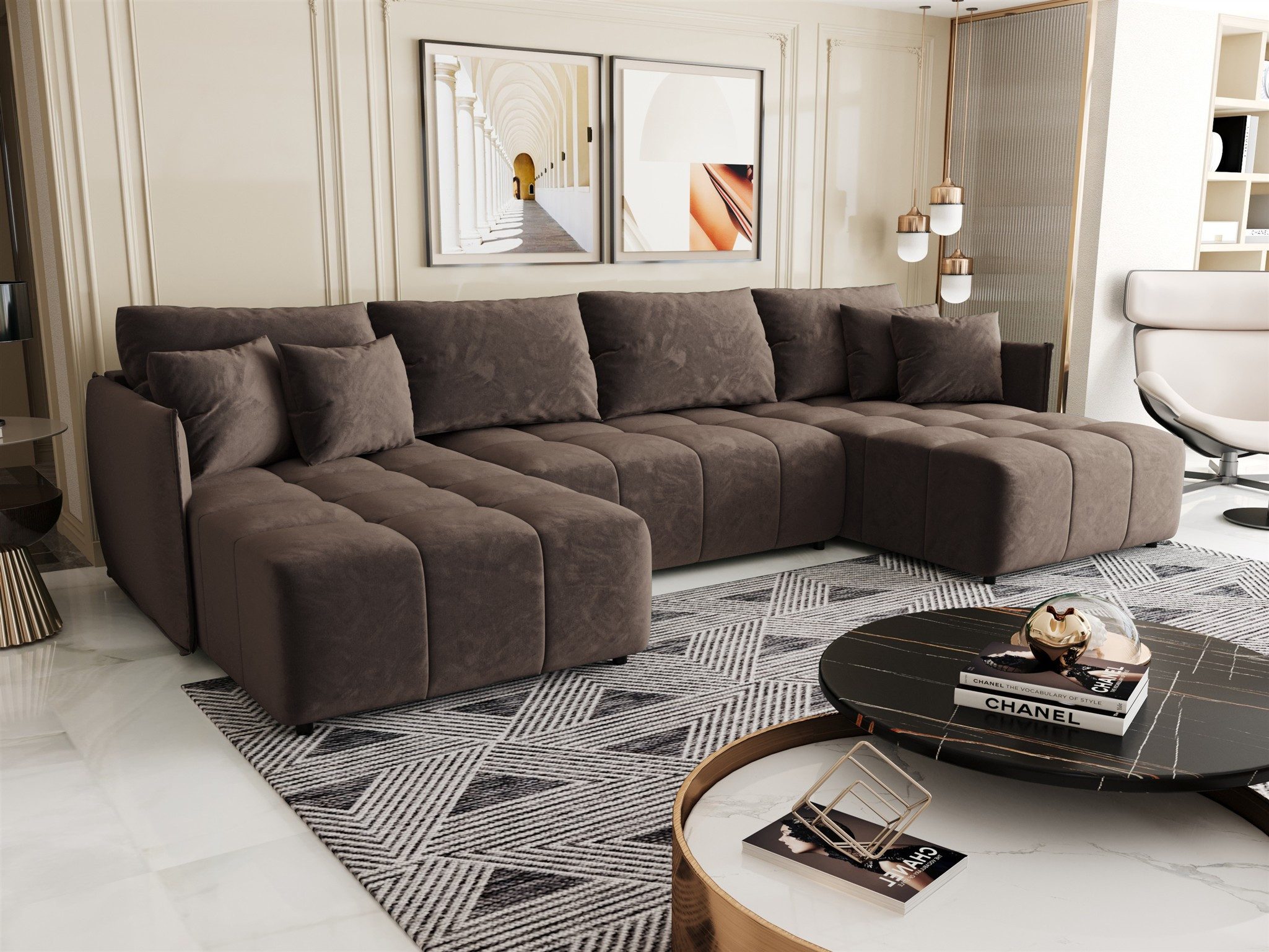 Fun Möbel Sofa TREVISO in U-Form mit Schlaffunktion in Stoff Monolith, Rücken echt bezogen, Sofa U-form