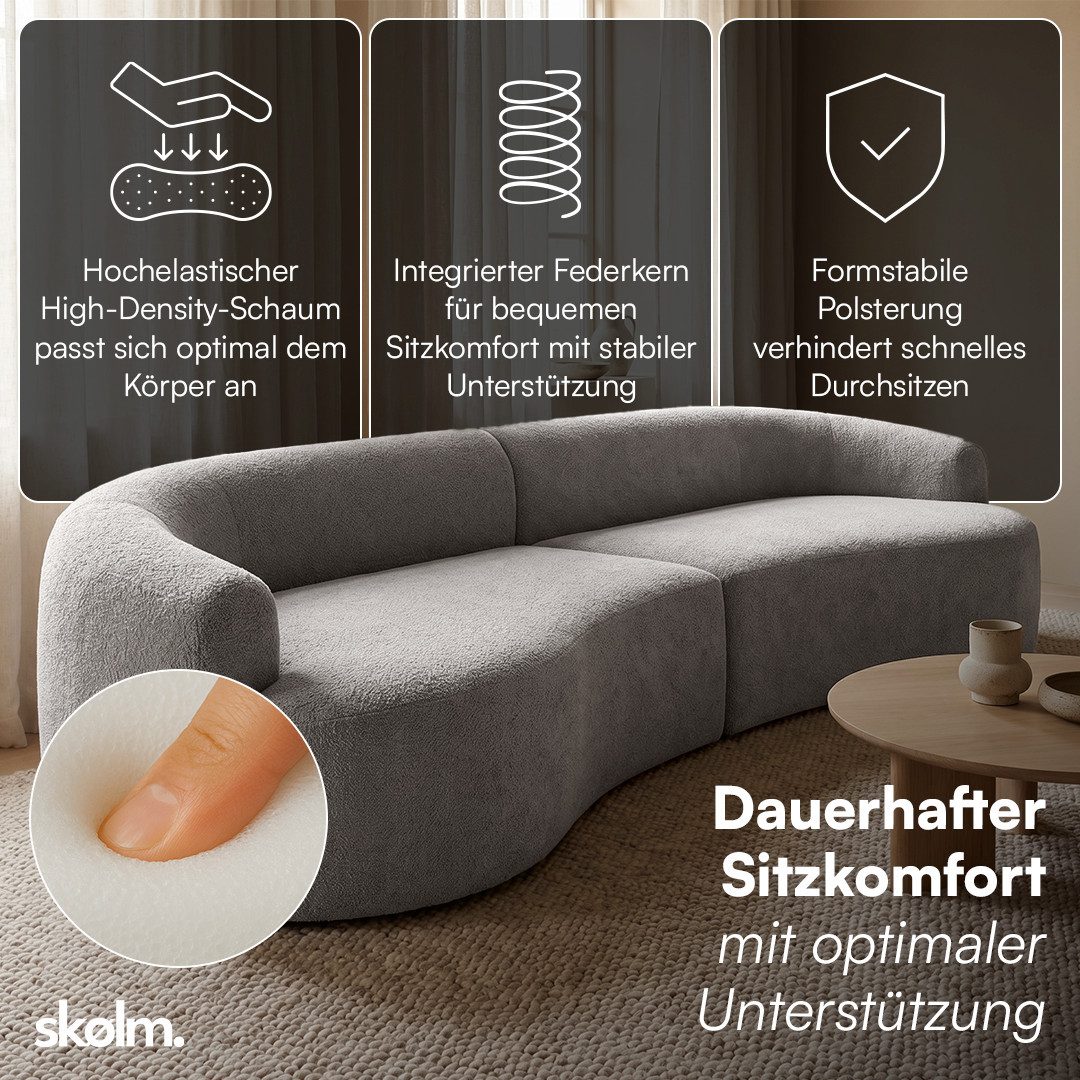 skølm Sofa Loki aus Teddy-Bouclé-Stoff, Vollschaumcouch mit Vakuum-Kompression, Grau, Couch 4 Sitzer mit 4 Kissen, kein Aufbau notwendig
