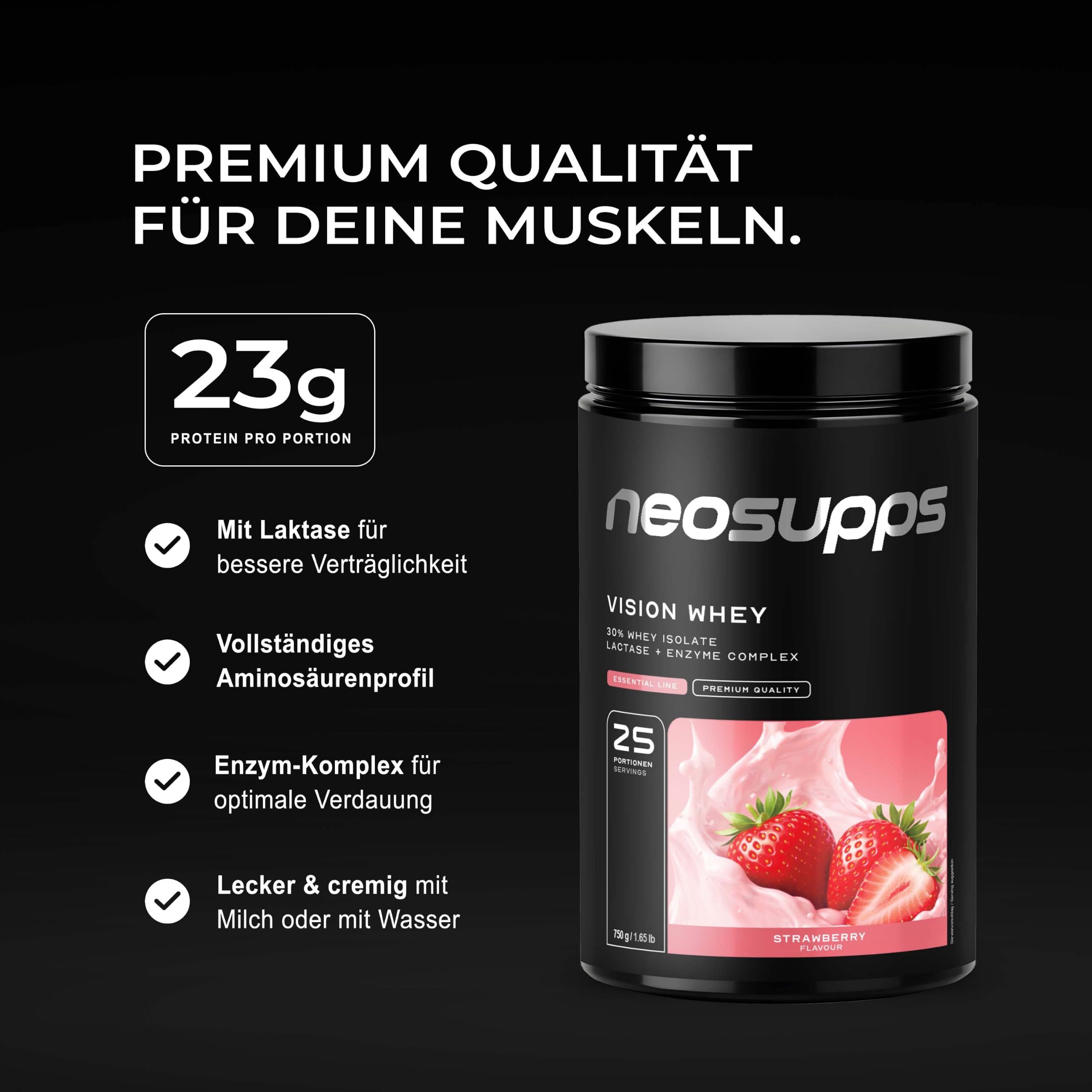 Neosupps Whey Protein Pulver Strawberry 750g, Proteinpulver, Proteinshake Pulver, 750 g, Protein zum Muskelaufbau mit geprüfter Qualität, Made in Germany