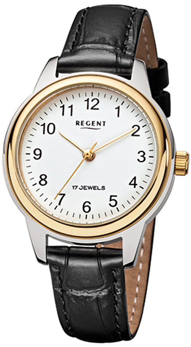 Regent Quarzuhr Regent Analog, Lederarmband (ca. schwarz mittel rund, Damen Armbanduhr 31mm), Herren-Armbanduhr