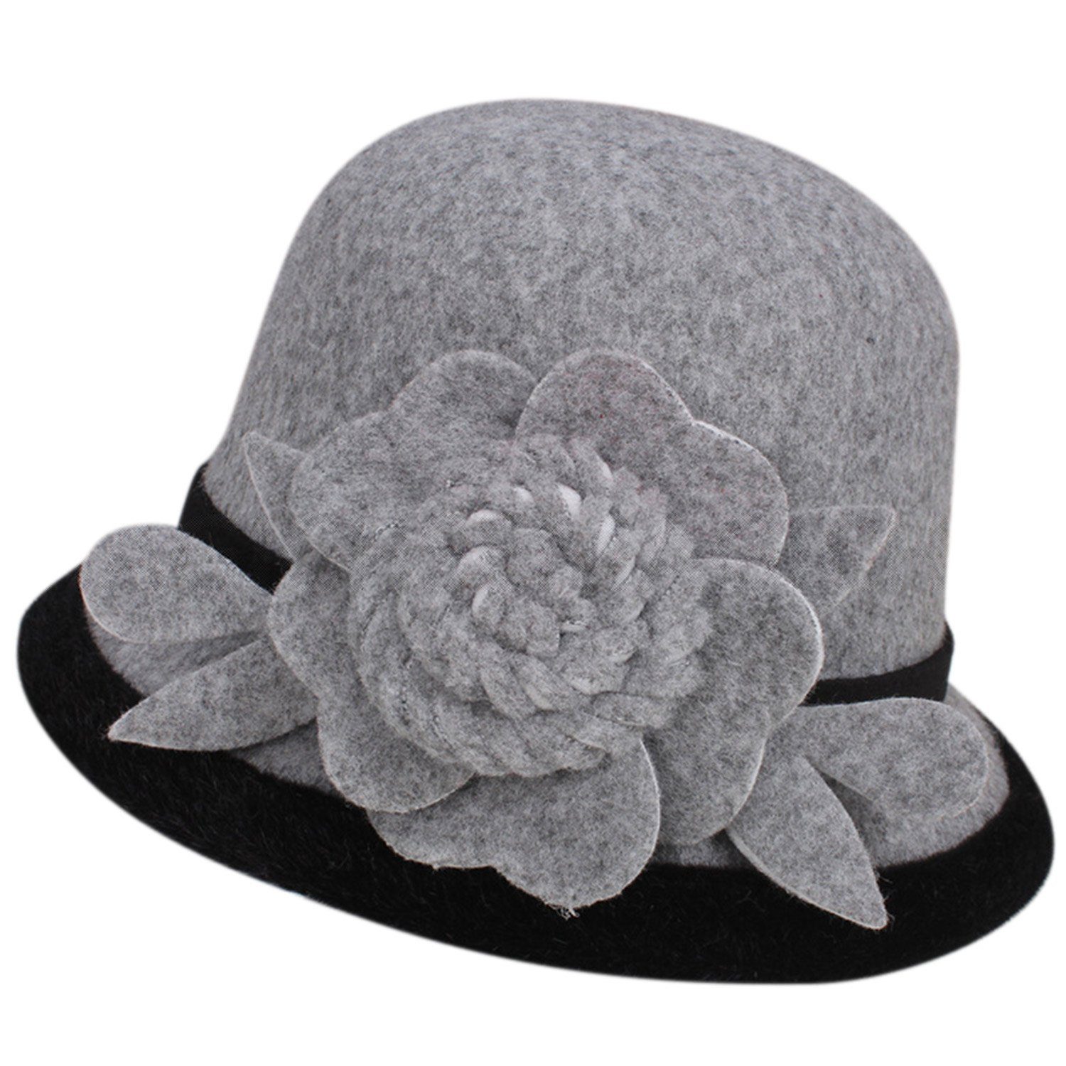 MAGICSHE Fischerhut Damen Filzhut 1920er Jahre Vintage Bowler Hut mit Blume Grau