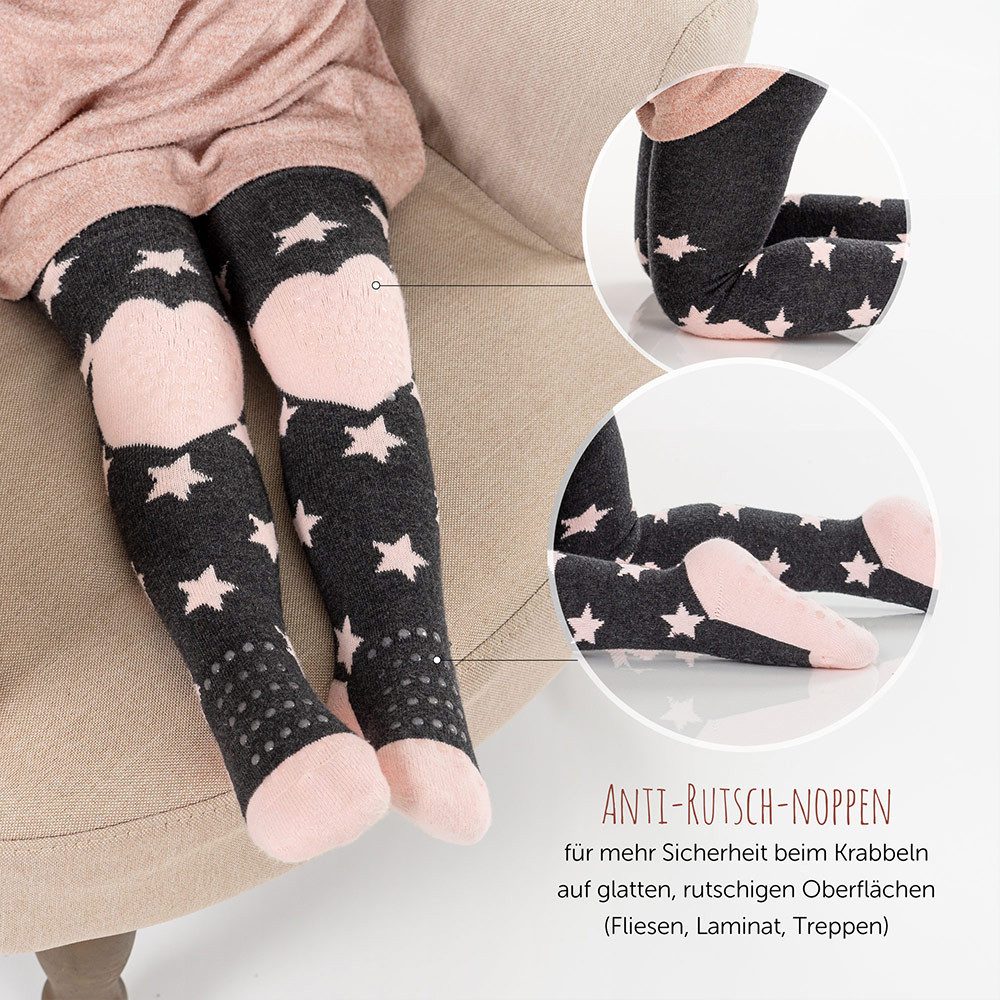 LaLoona Strumpfhose Sterne Rosa + Streifen Grau 2x Baby Krabbelstrumpfhose mit ABS Sohle elastische Kinder Strumpfhose
