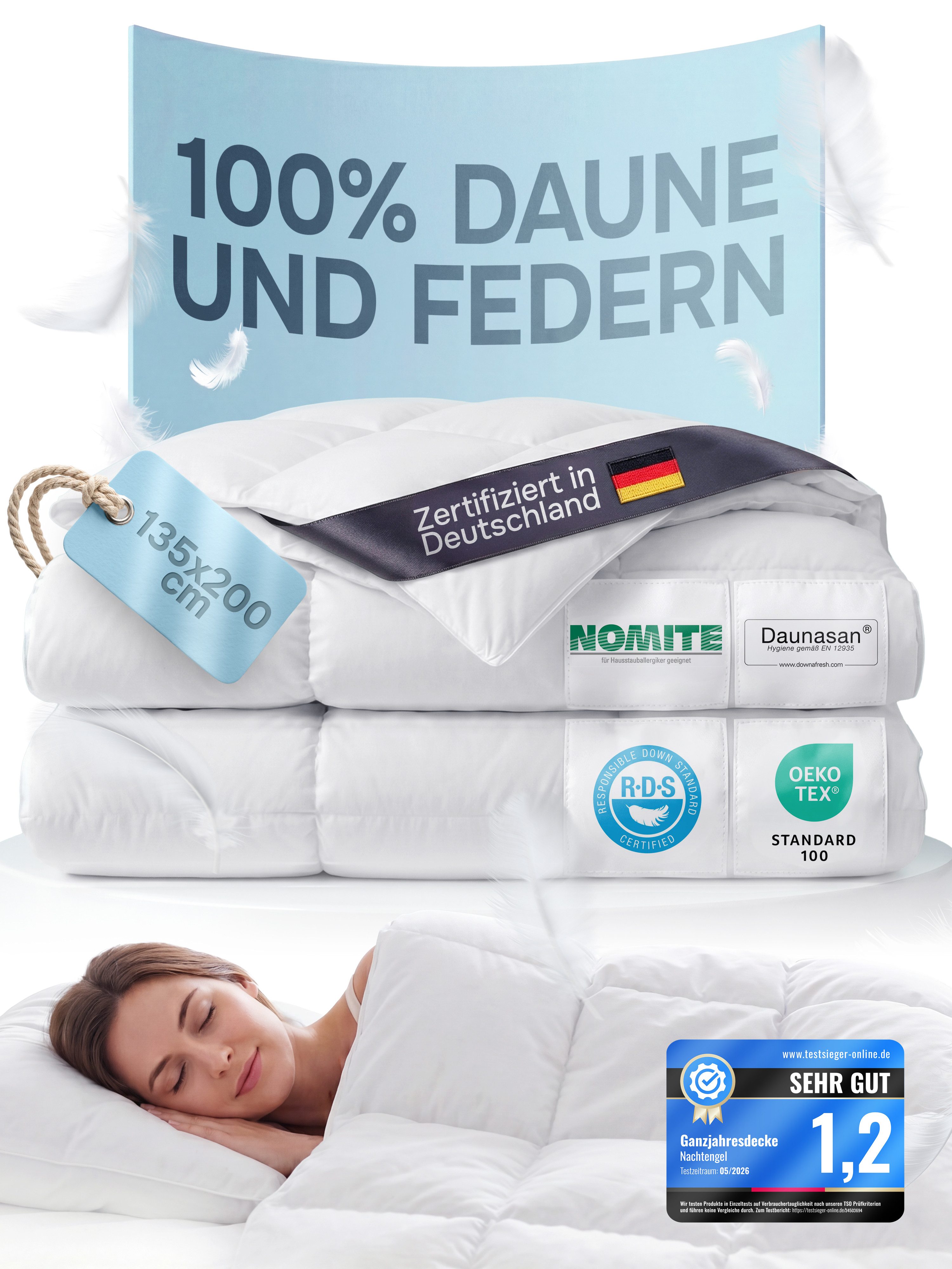 Nachtengel Daunenbettdecke Federdecke 135x200 Ganzjahresdecke Bettdecke Duvet, Füllung: 90% Entenfedern und 10% Entendaunen, Bezug: 100% Baumwollbezug, atmungsaktiv & allergikerfreundlich IN DEUTSCHLAND ZERTIFIZIERT