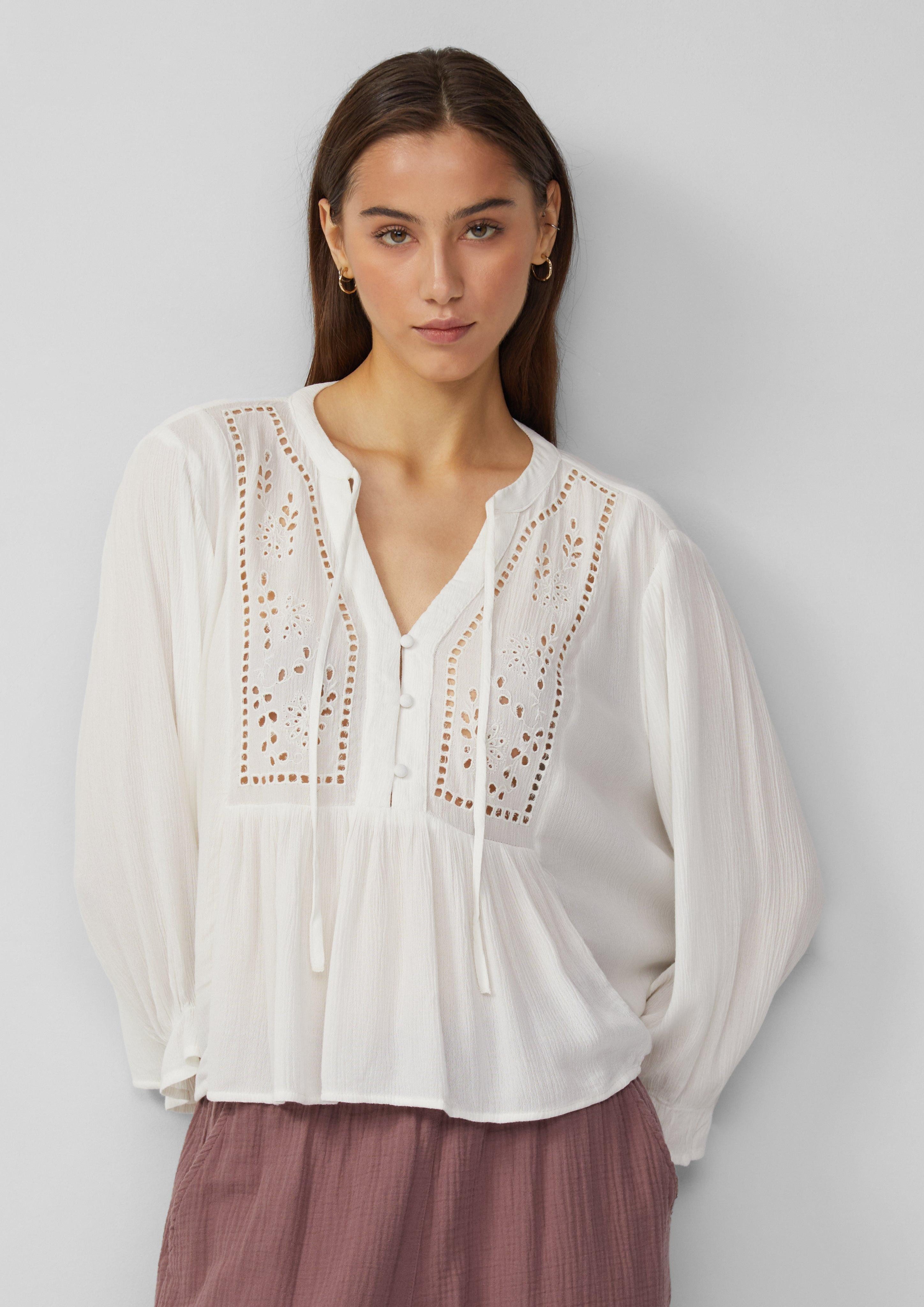 Langarmbluse Viskosemix-Bluse mit Lochstickerei