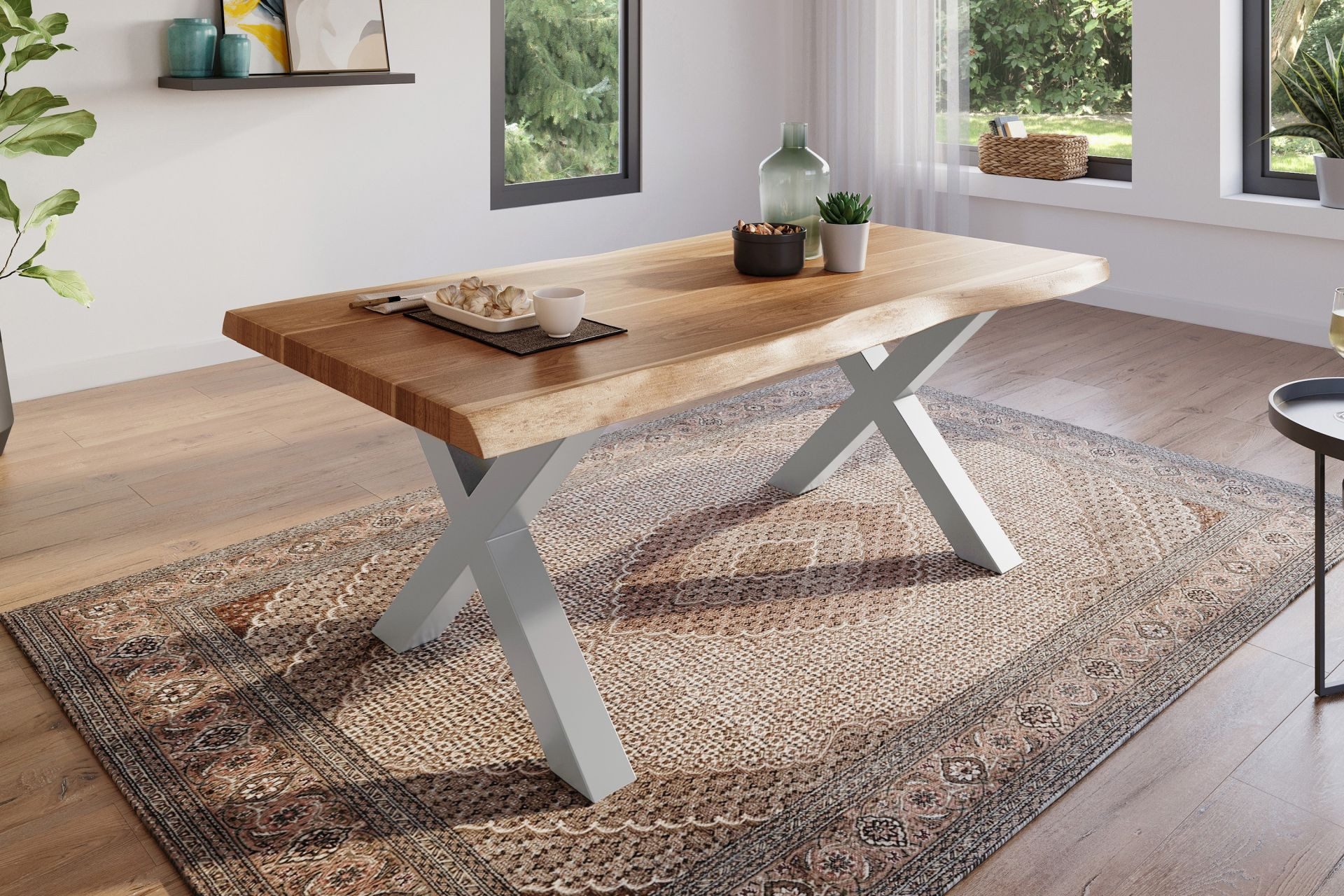 SAM® Esstisch Waves_X, Akazie o. Mango, gedoppelte Tischplatte, Metallgestell X-Form, bis 3m