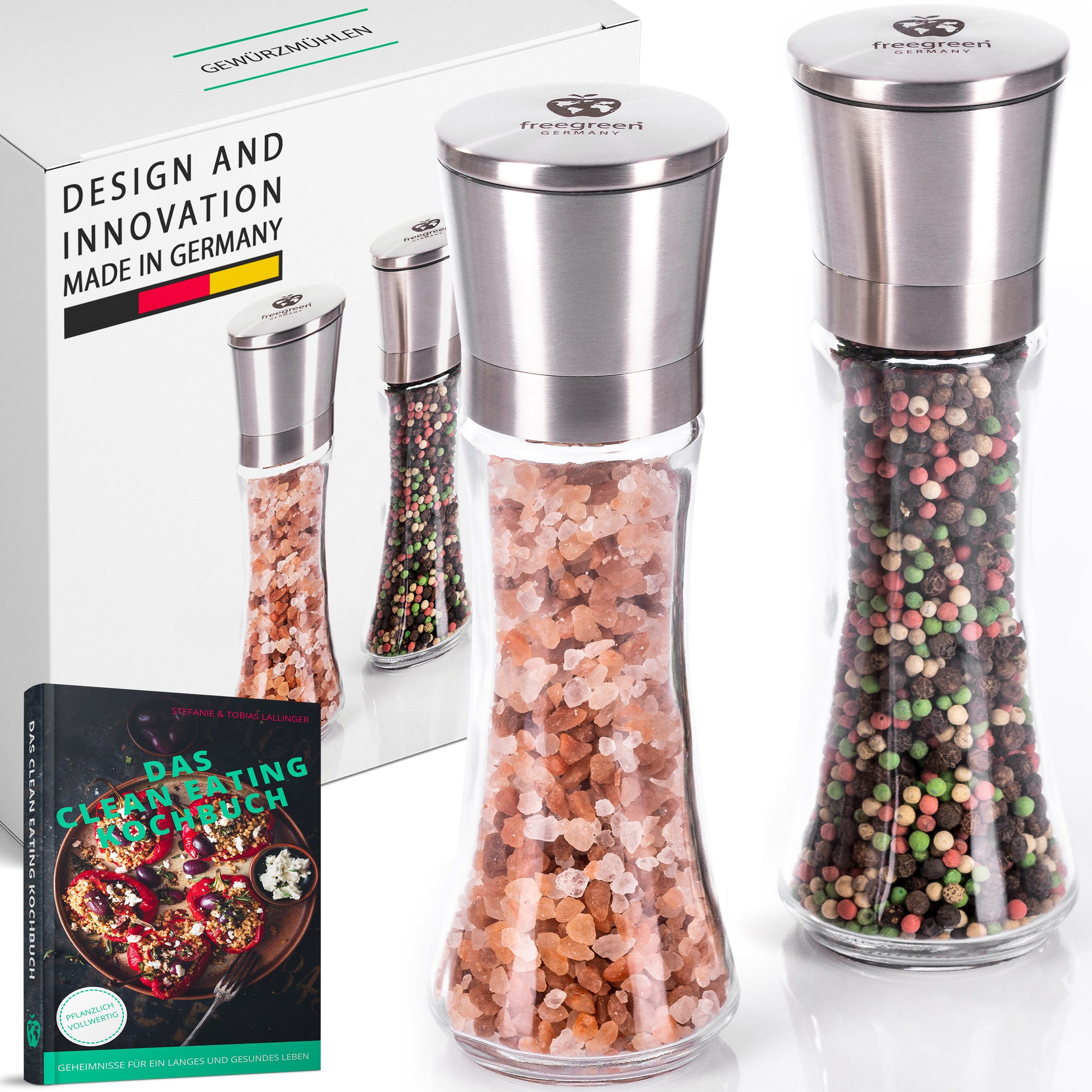 freegreen® Gewürzmühle PREMIUM« Salz und Pfeffermühle 19cm 2er Set + Clean Eating Kochbuch Manuell für ein einzigartig gleichmäßiges Mahlergebnis!, mit verstellbarem Keramik-Mahlwerk und Geschenkverpackung