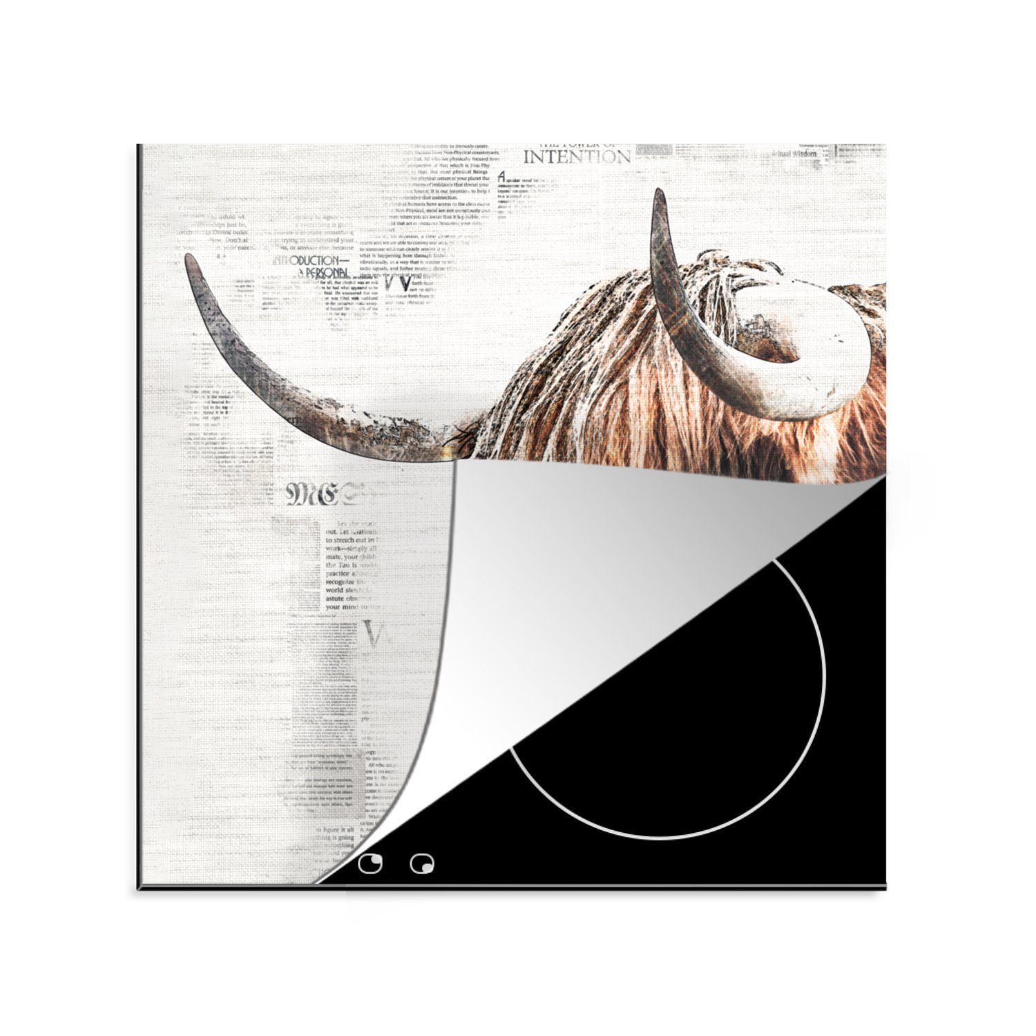 MuchoWow Herdblende-/Abdeckplatte Scottish Highlander - Zusammenfassung - Zeitungsartikel, Vinyl, (1 tlg), 78x78 cm, Ceranfeldabdeckung, Arbeitsplatte für küche