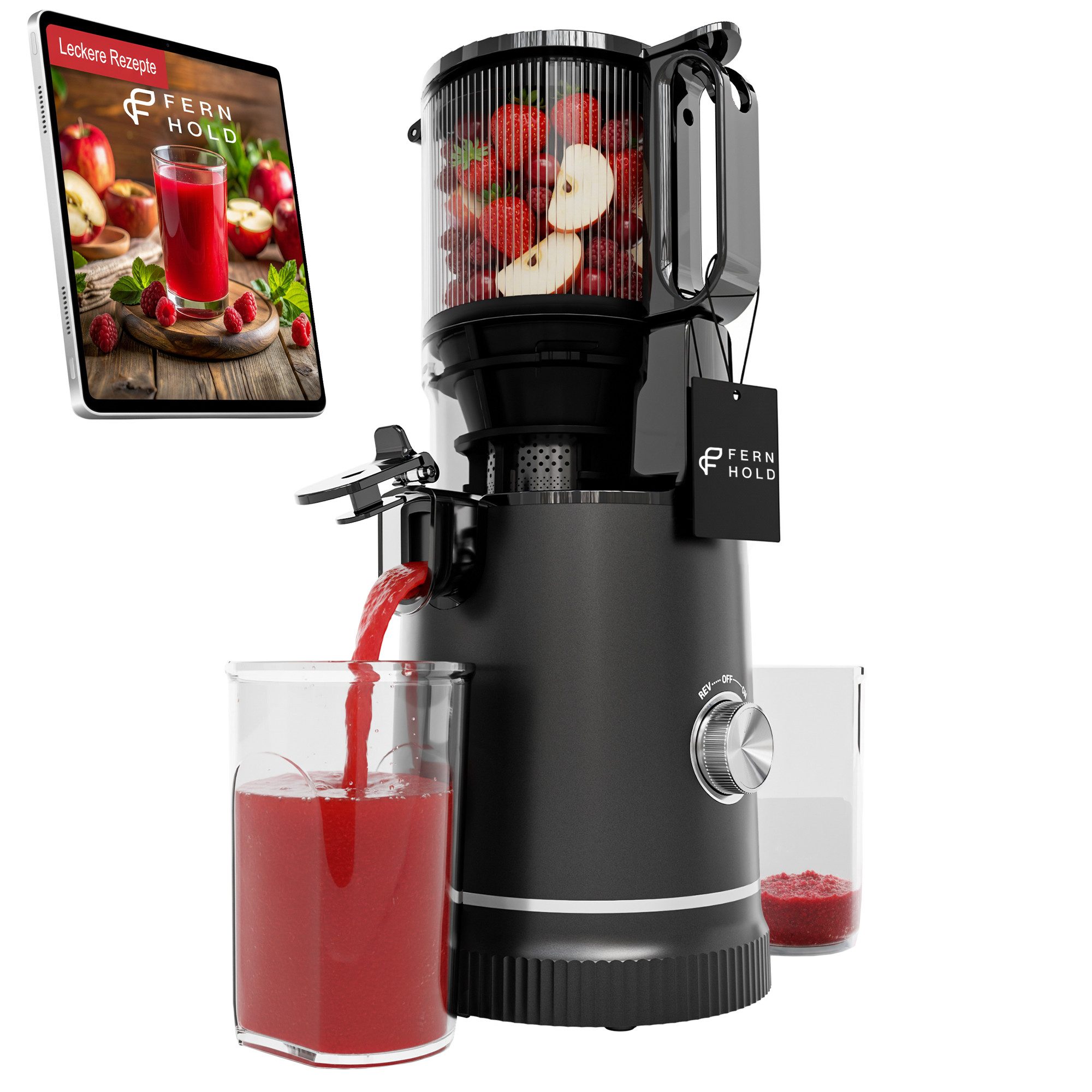 FERNHOLD Slow Juicer Entsafter Gemüse und Obst Testsieger, 250 W, 130 mm XXL Einfüllschacht, 1,8 L Saftbehälter