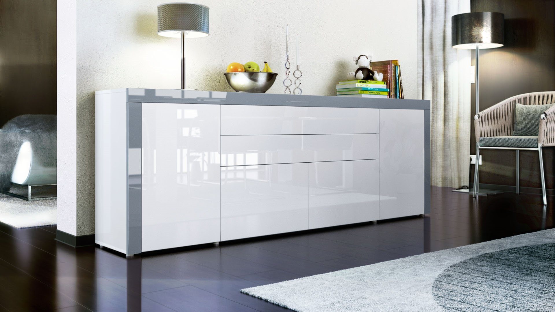 Vladon Sideboard La Paz V2 (Kommode, mit 2 Türen, 2 Schubkästen und 2 Klappen), Weiß Hochglanz/Grau Hochglanz (200 x 72 x 35 cm)
