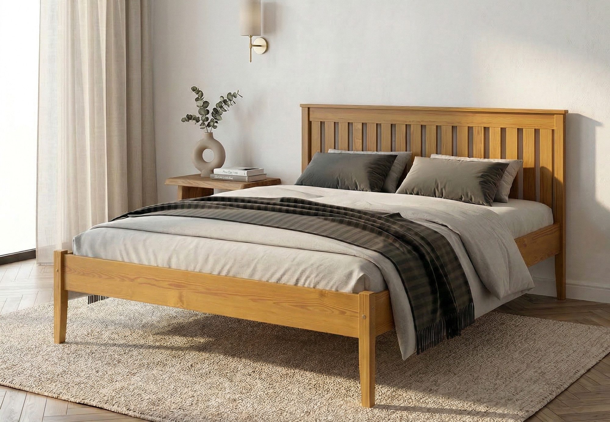 Home Collective Holzbett Doppelbett Bett Bettgestell mit Lattenrost & Kopfteil (120×200, 140×200, 160×200, 180×200), Holz massiv Kiefer Massivholzbett natürliches Design eichefarben