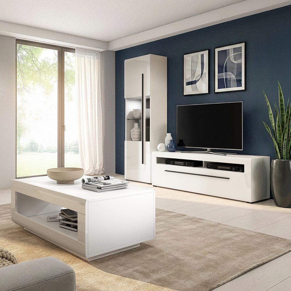 Lomadox Wohnzimmer-Set TURDA-83, (Mega-Spar-Set, 3-St., Couchtisch Highboard Lowboard Sideboard Vitrine Wandregal), weiß Hochglanz modern Metallgriffe schwarz LED Beleuchtung