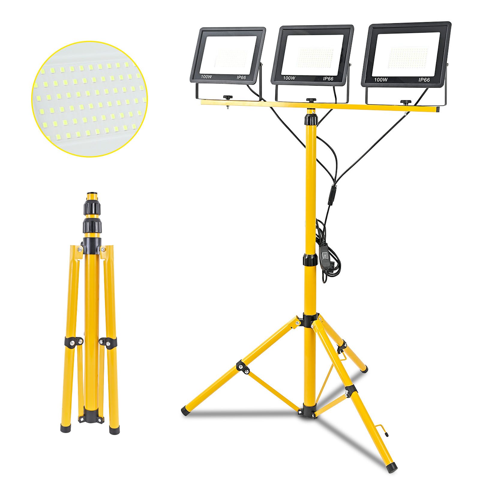 POPOLIC Arbeitsleuchte Stabile LED Arbeitsleuchte mit Höhenverstellbarem Stativ – IP66, Drei Köpfen, 300 W, 360° schwenkbar – für Werkstatt, Garage und Outdoor-Einsatz