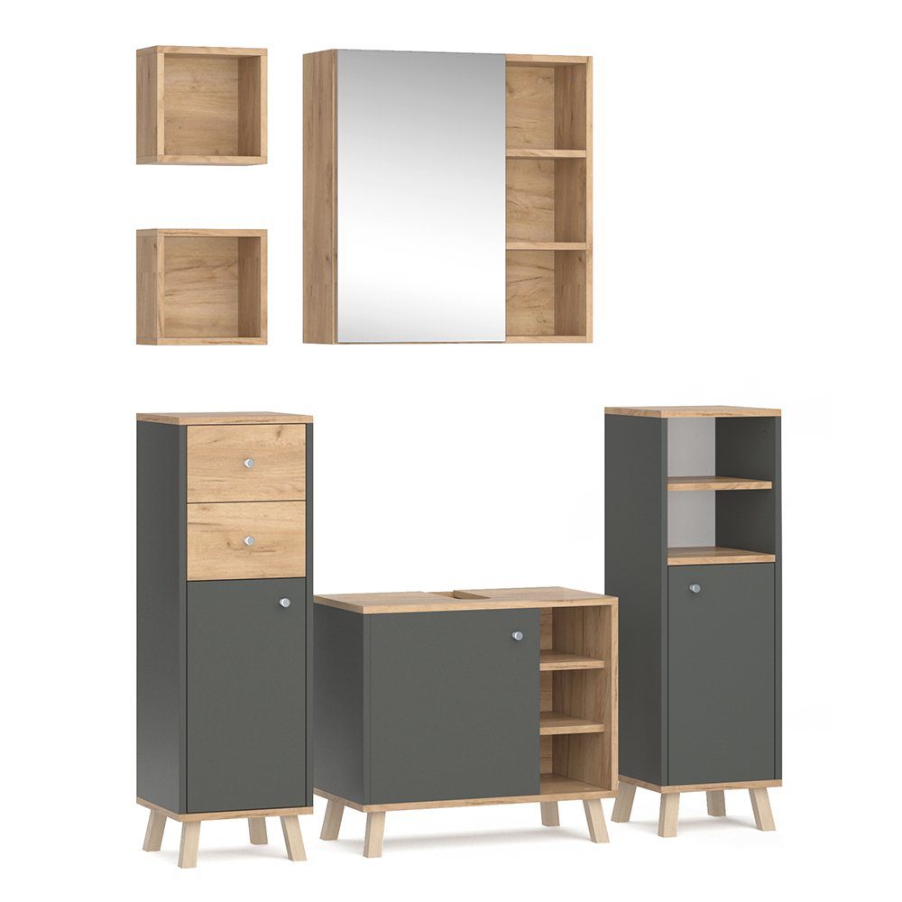 Vicco Badmöbel-Set Senyo, Anthrazit/Goldkraft Eiche, 5 günstig online kaufen