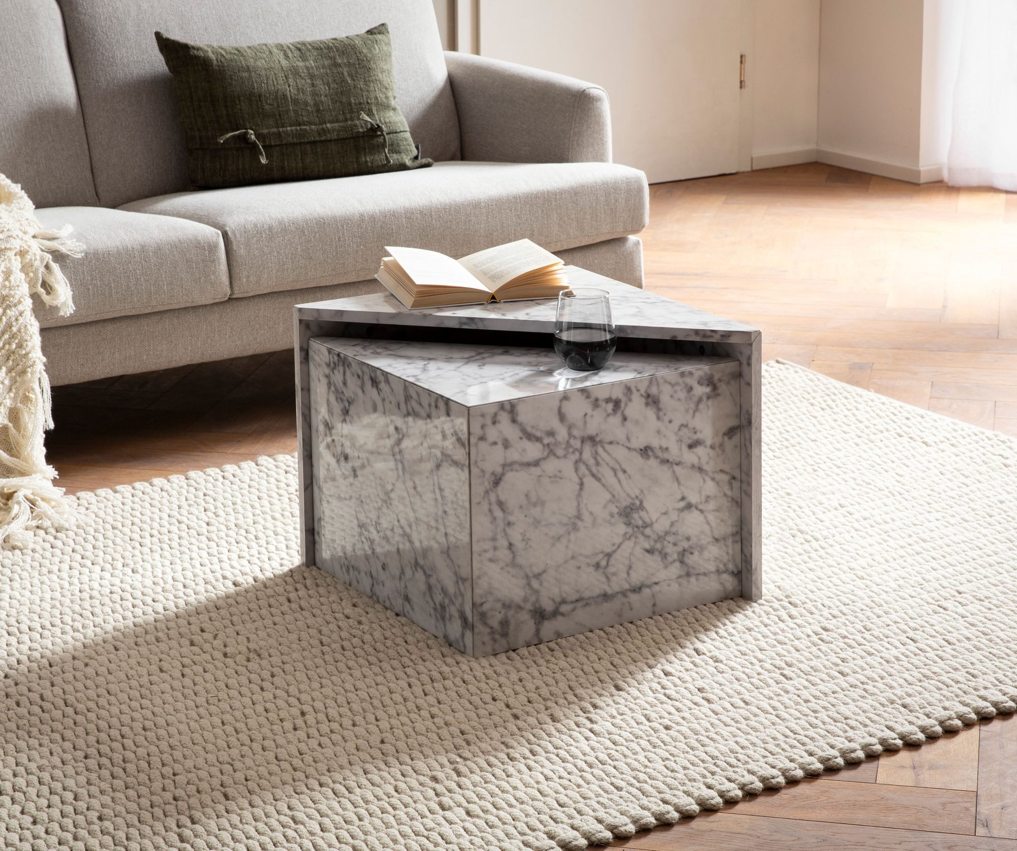 FINEBUY Satztisch Couchtisch Sofatisch MONOBLOC 2er Set Hochglanz Marmor Op günstig online kaufen