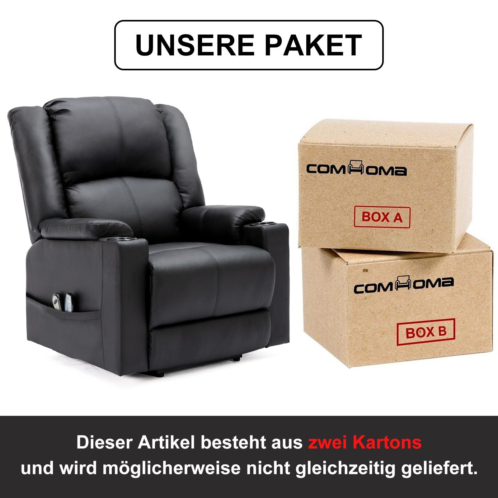 Relaxsessel für Getränkehalter, Massagesessel ältere und mit Menschen, 2 Powerlift-Liegestuhl Heizung-Funktion schwarz COMHOMA Massage Seitentaschen &