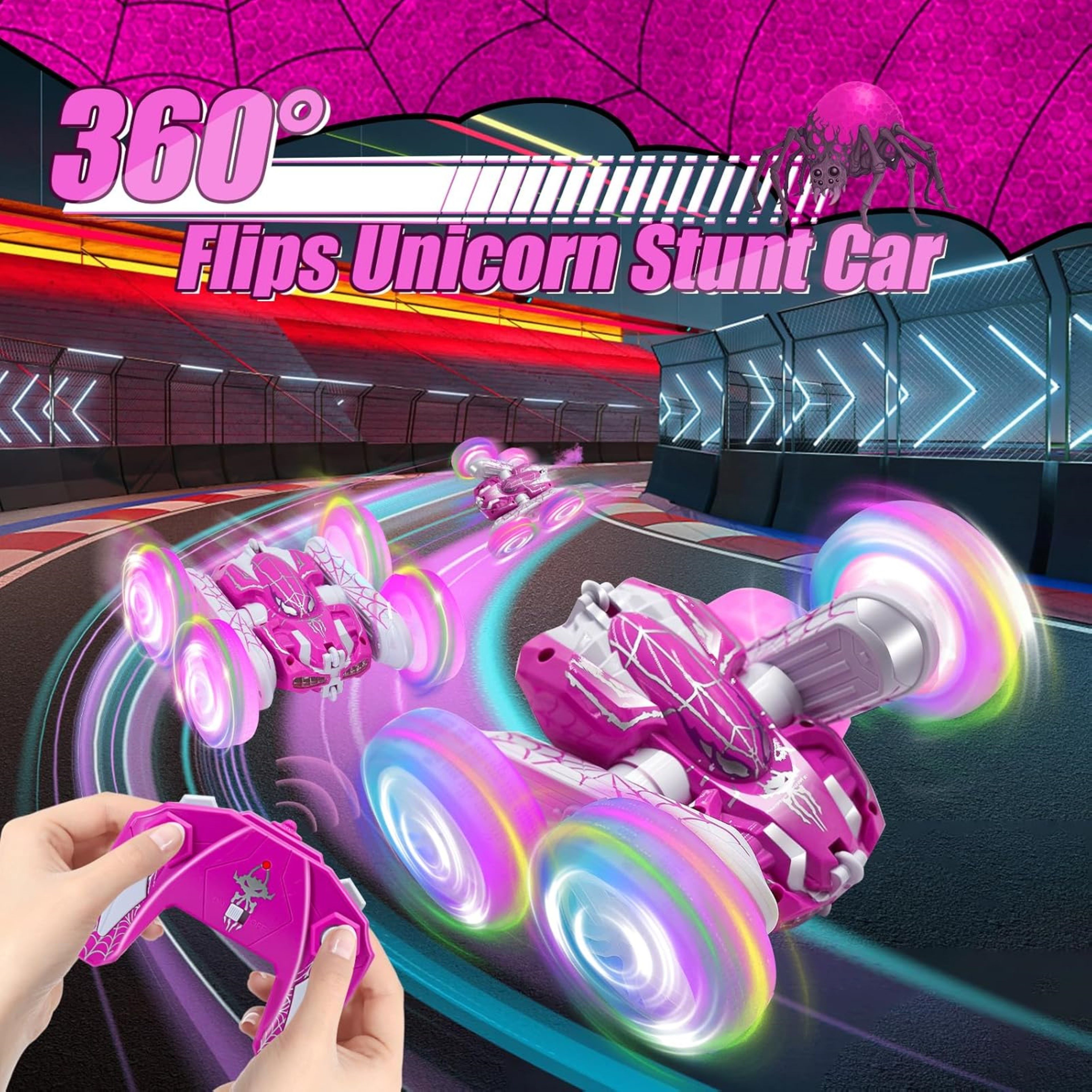 LA CUTE RC-Auto RC Spider Auto Pink 4x4 (Spielzeug-Stuntauto mit Zubehör und Akku, RC Stunt Car Set mit LED und Sprühfunktion), 4WD RC Auto mit LED, Sprühnebel & 360° Stuntfunktion