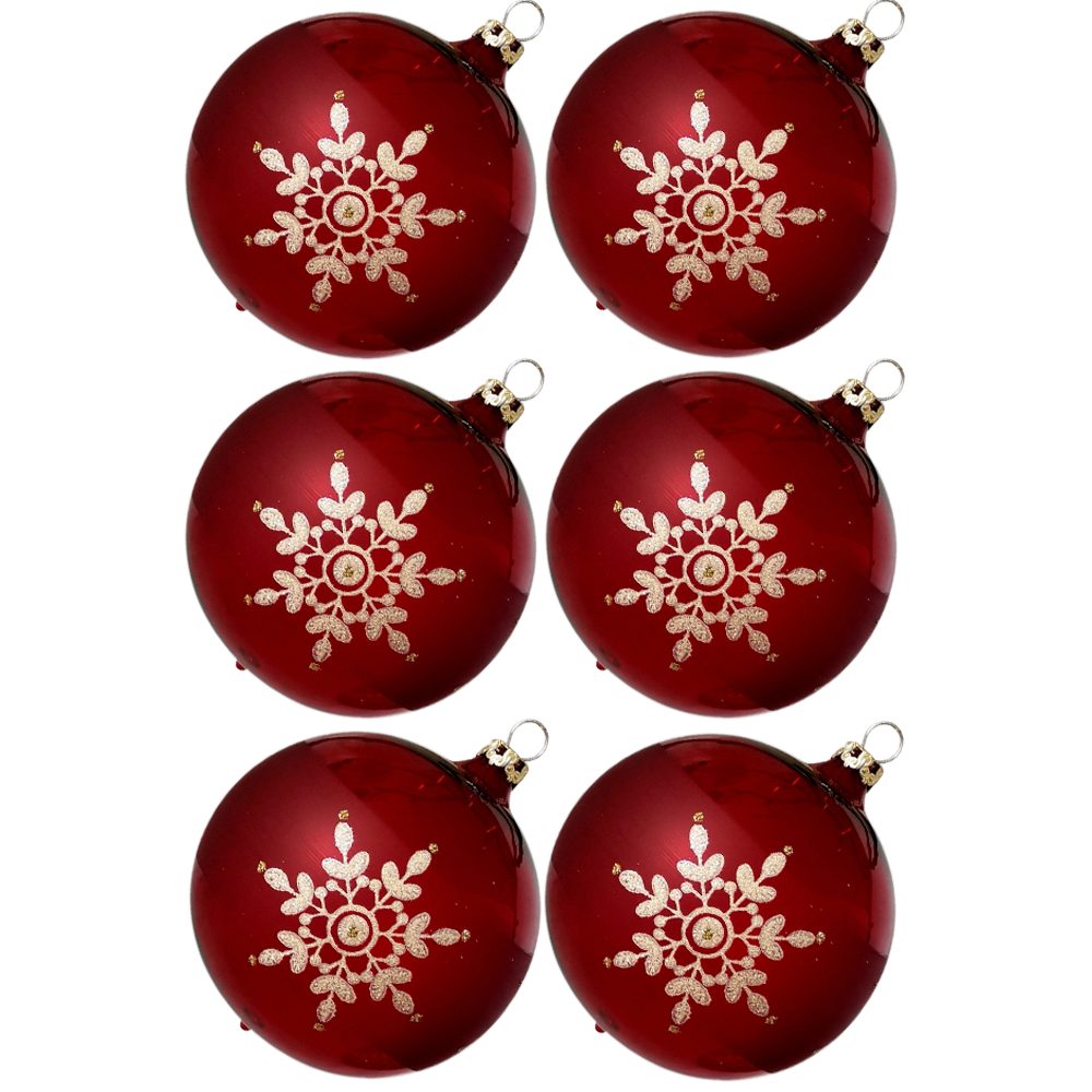 Glasdesign Weihnachtsbaumkugel (6 Weihnachtskugel-Set Kristallblüten, handdekoriert mundgeblasen, stierblut St), Thüringer
