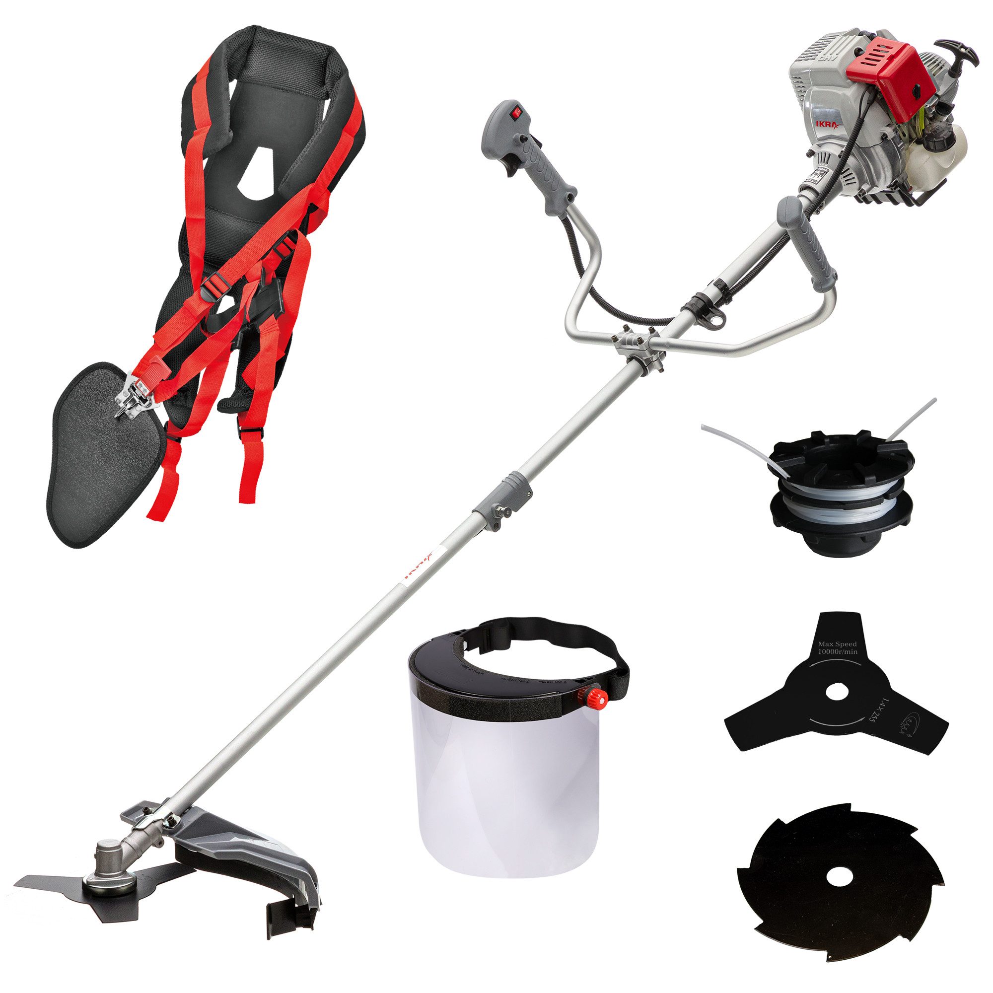 ikra GmbH Benzin-Freischneider IBF 31-4, 25,5 cm Arbeitsbreite Messer, 43 cm Arbeitsbreite Faden, (mit 8-Zahnmesser, Profischultergurt & Schutzschild), mit Fadenspule, Profi-Schultergurt, 3- & 8-Zahn-Messer & Schutzschild