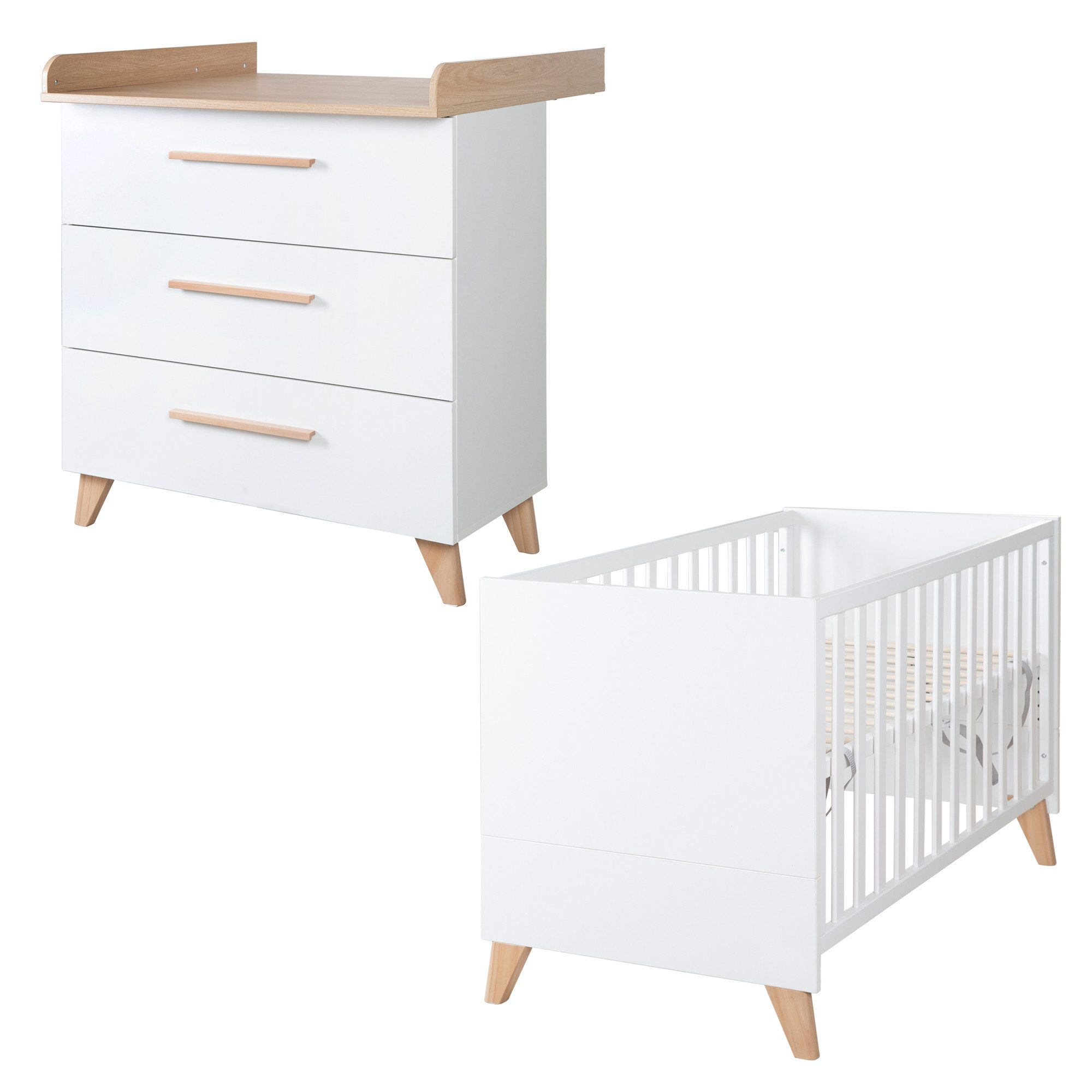 roba® baby furniture set Leon - made of wood - in white with Othello oak decor, (2-piece set, children's & bedside cot 60 x 120 cm & changing table), baby cot usable as a bedside cot - 6-way height adjustable
