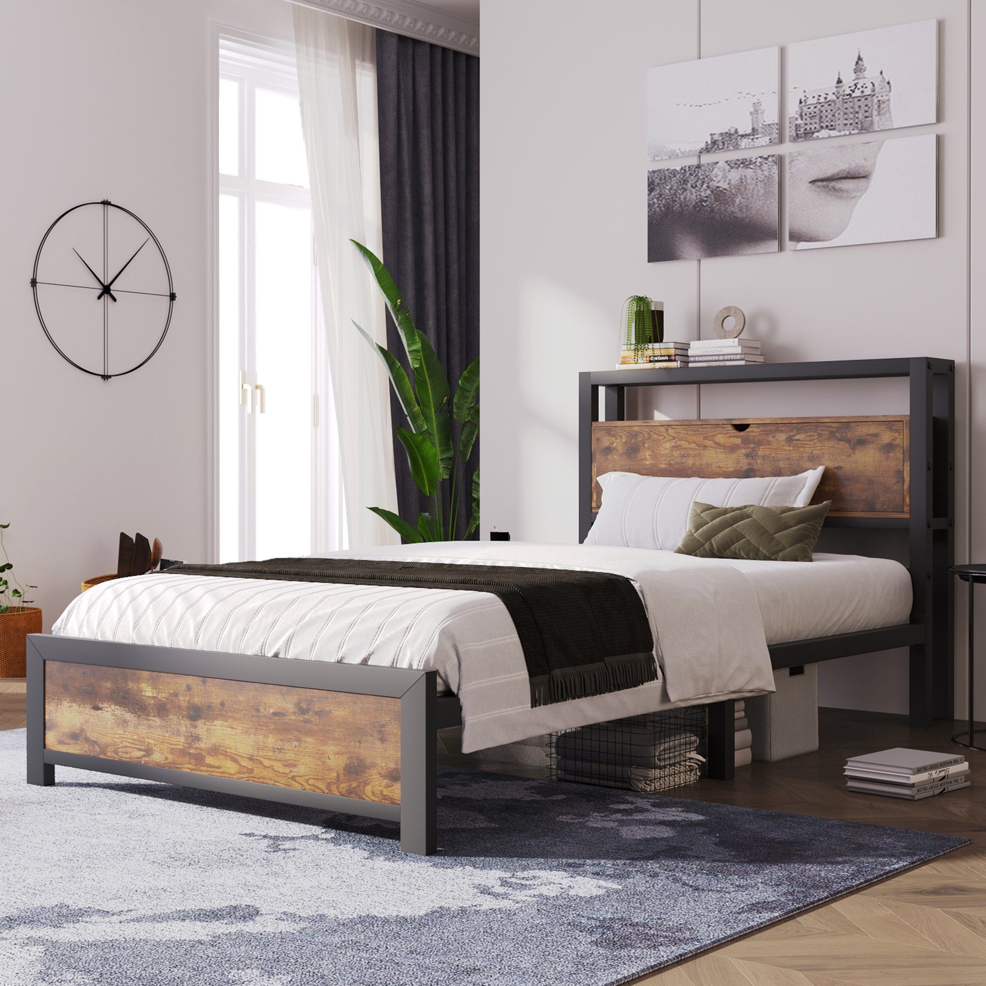 OKWISH Metallbett Jugendbetten mit Stauraum-Kopfteil (90 x 200 cm ohne Matr günstig online kaufen