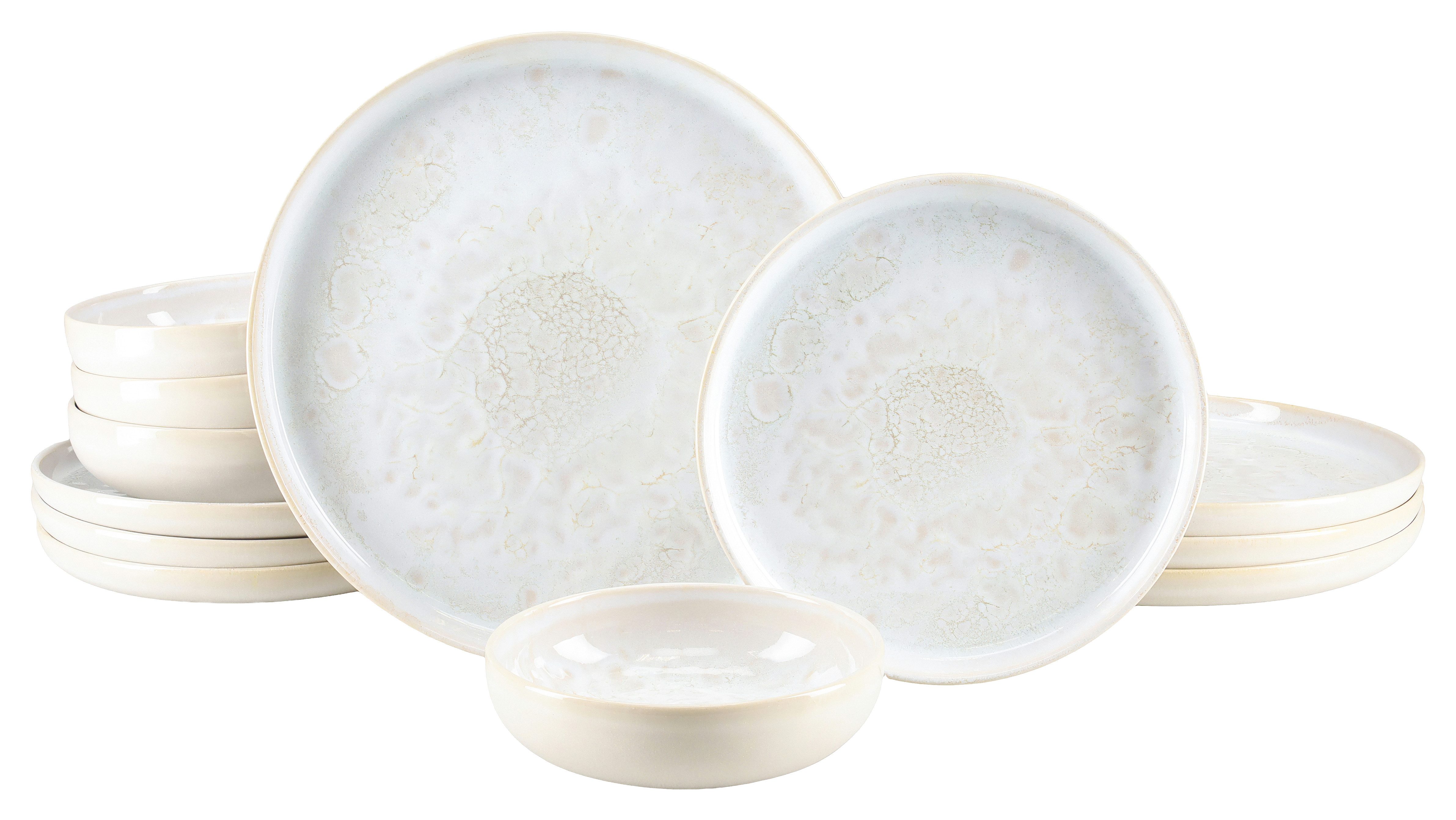 CreaTable Teller-Set Yuki, Geschirr-Set, 12-tlg. (12-tlg), 4 Personen, Steinzeug, Sanfter Weißton, Spülmaschinengeeignet, mikrowellengeeignet