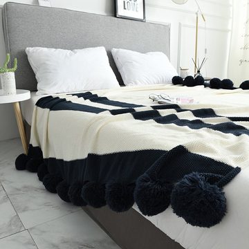 Wohndecke Europäische gestreifte dicke Strickdecke mit 16 Pom-Pom-Fransen, yozhiqu, Superweich,kuschelig und warm,geeignet für Sofabetten,Sofas 130×160cm