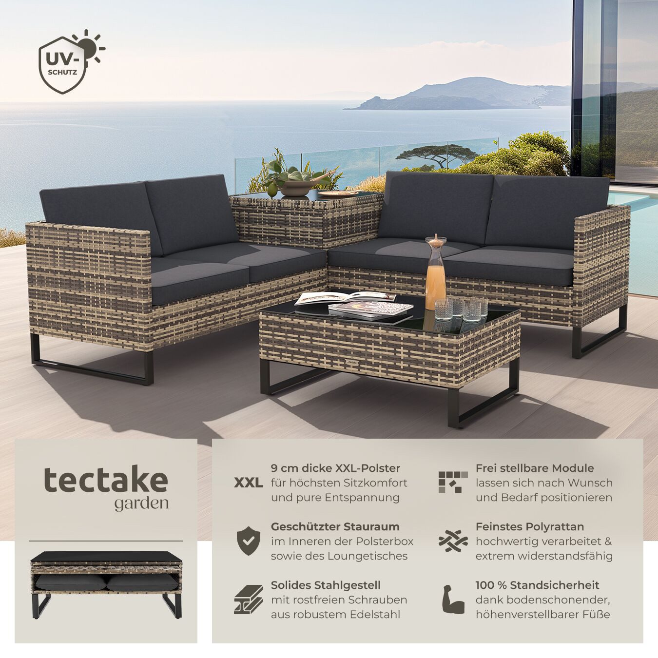 tectake Loungeset Rattan Sitzgruppe inkl. großer Aufbewahrungsbox, für 4 Personen, (Gartenlounge-set Ostuni, 4-tlg., geeignet für Outdoor in Natur), widerstandsfähig und UV-beständig, Dicke der Polster 9 cm