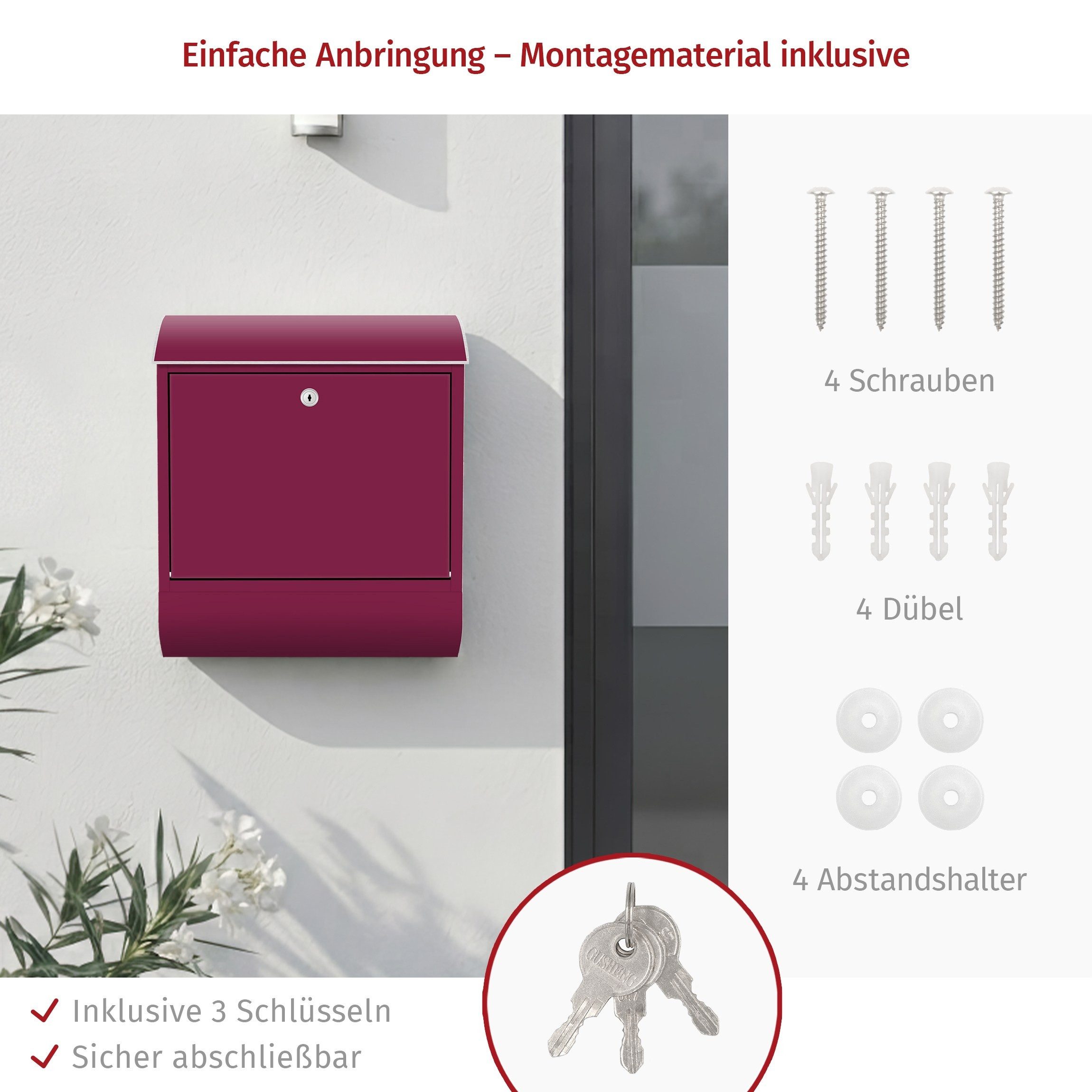 Bilderdepot24 Briefkasten Wandbriefkasten mit Zeitungsfach einfarbig Weinrot (inkl. Zeitungsrolle und 3 Schlüssel), matt, wetterfest, UV-beständig, abschließbar – Bild 3 von 4