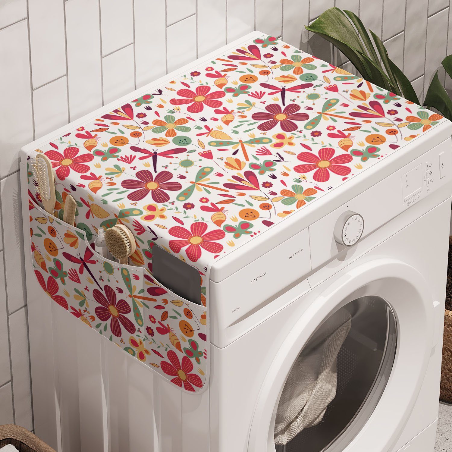 Abakuhaus Badorganizer Anti-Rutsch-Stoffabdeckung für Waschmaschine und Trockner, Blumen Libelle Butterfly Spring
