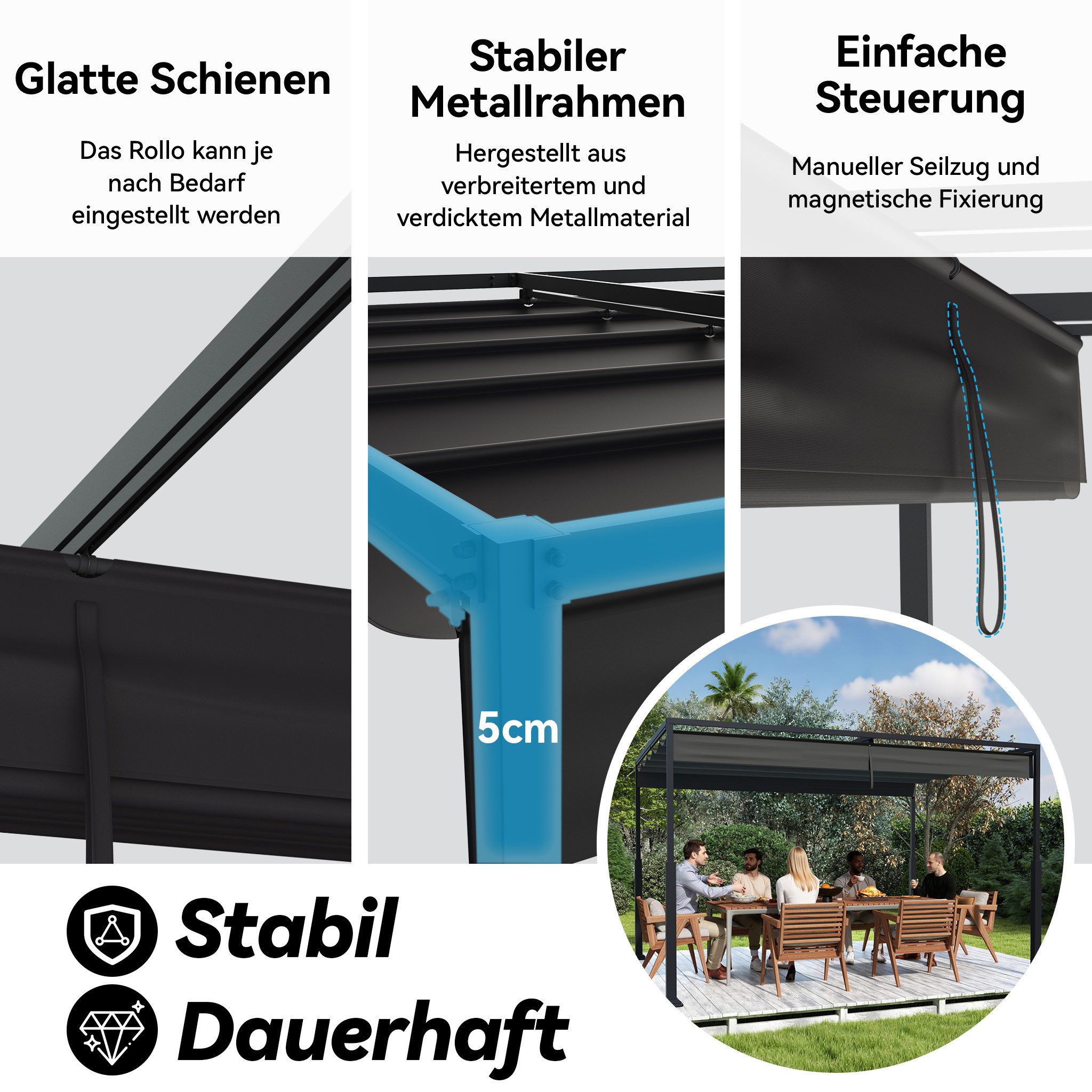 FIVMEN Pergola Gartenpavillon mit Schiebedach Terrassendachung aus Metall