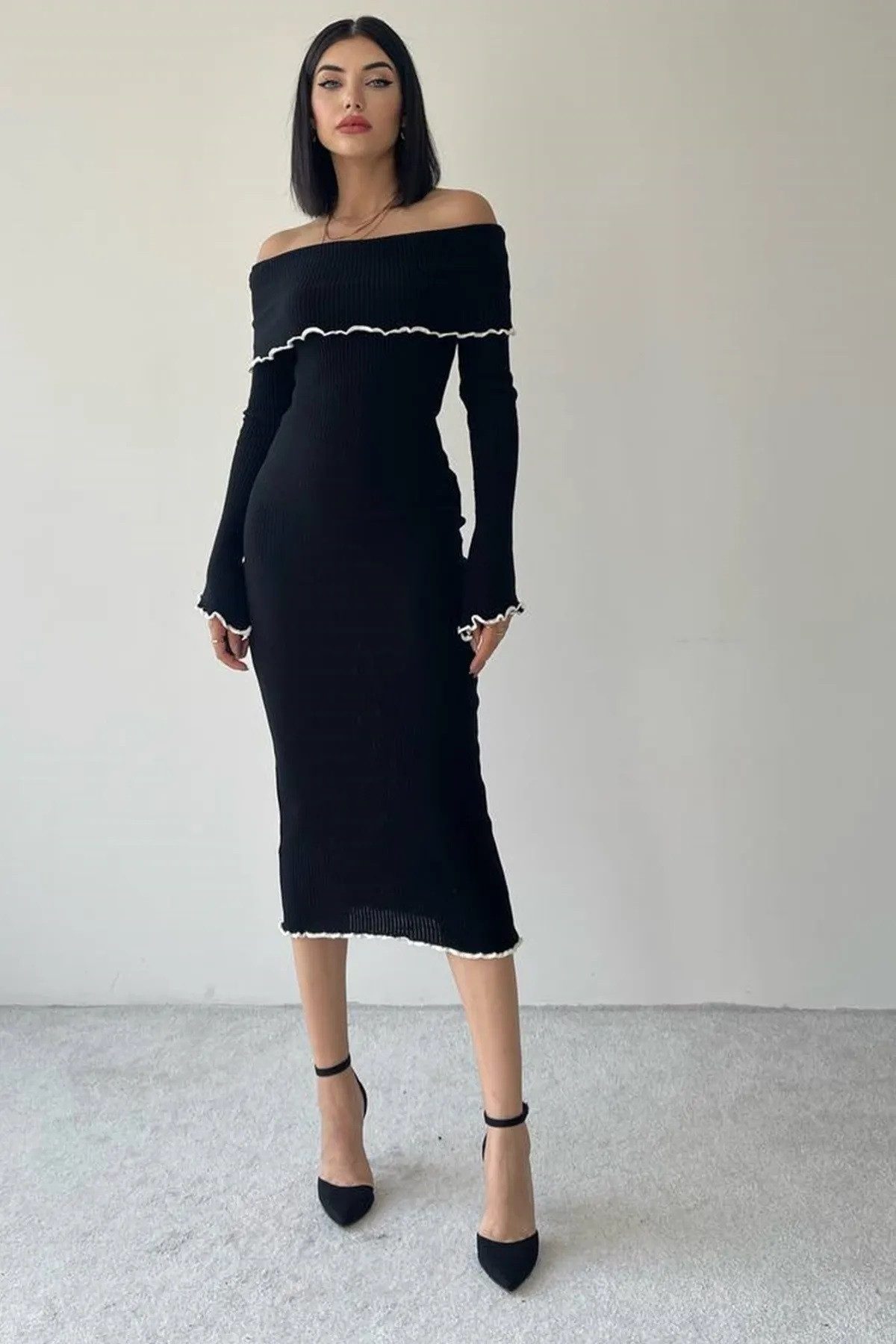 WOMAN VISION Minikleid Langes Schwarzes Midi-Kleid mit Carmen-Ausschnitt - günstig online kaufen
