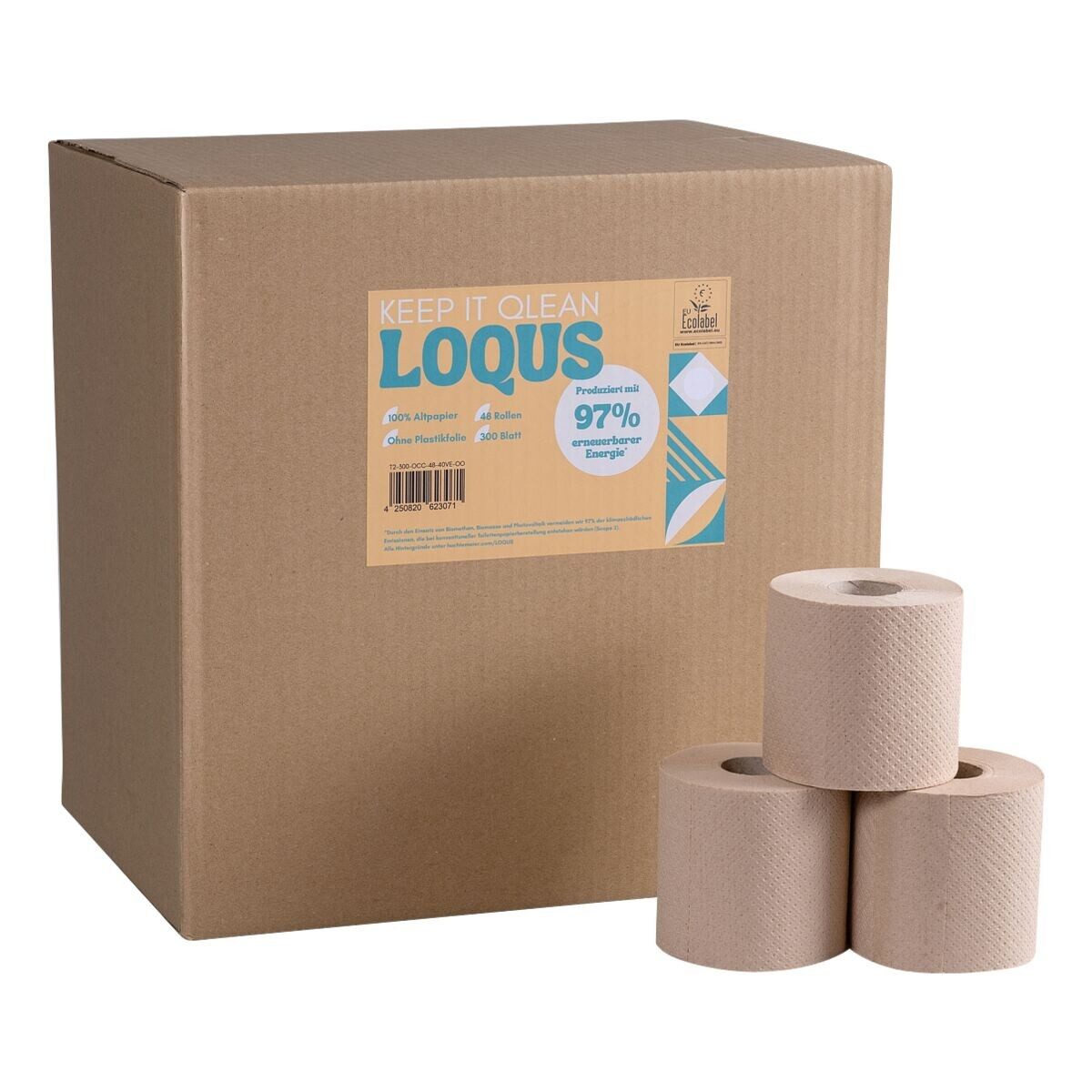 LOQUS Toilettenpapier Recycling (48-St), 2-lagig, Dekorprägung, 300 Blatt/Rolle