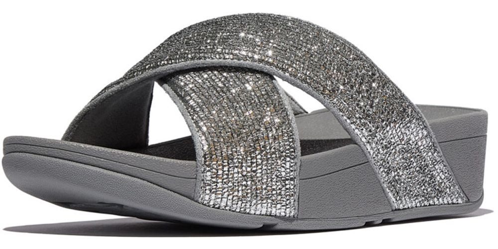 Lulu Crinkled-Shimmer Cross Slides Sandale