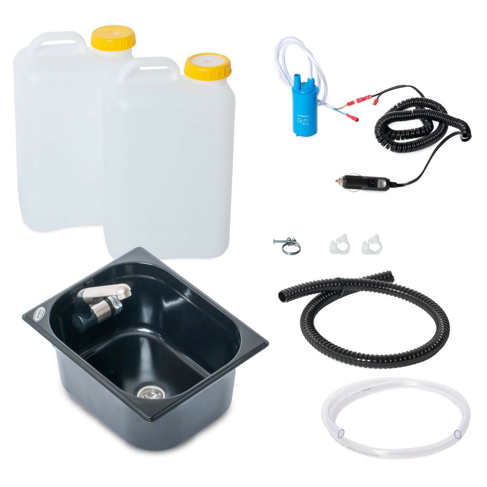 ad-ideen Waschbecken 12V Camping Bausatz Wasserhahn Schwarz 19L Kanister T4 T5 T6 V2