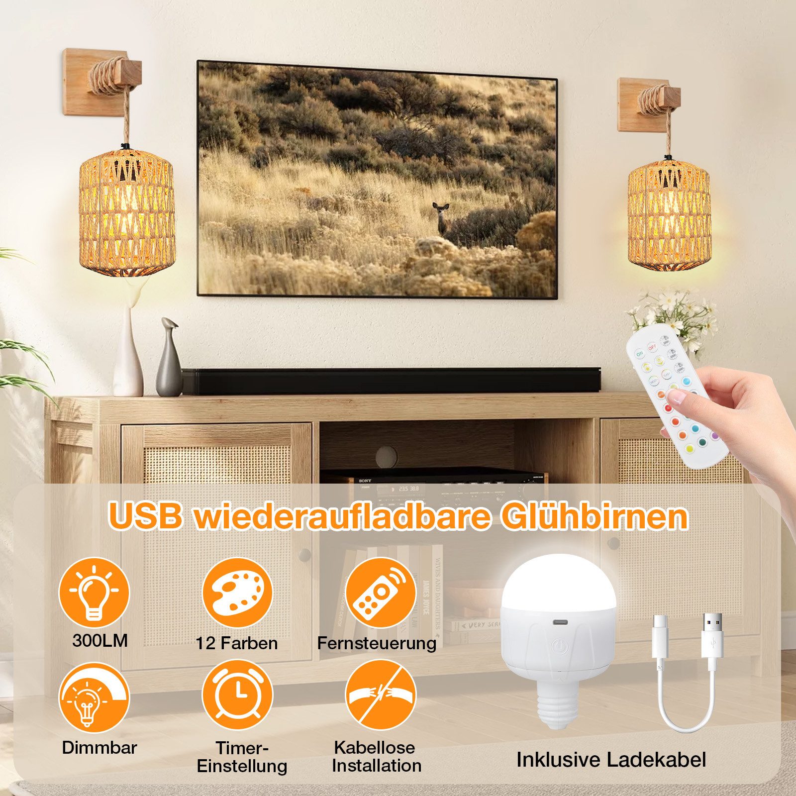 Jibenhome LED Nachtlicht Boho Rattan Wandleuchte günstig online kaufen