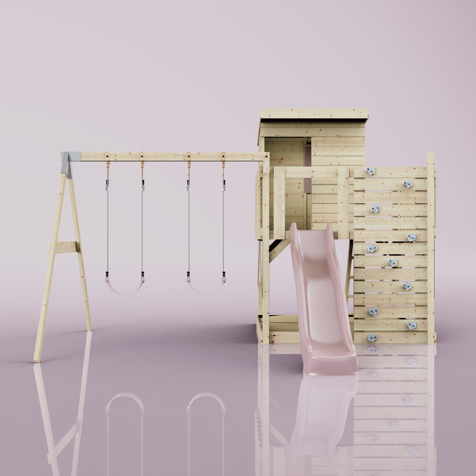 OutdoorToys Spielturm Björn, aus Holz in Altrosa mit Kinderschaukel & Rutsche, Kletterwand