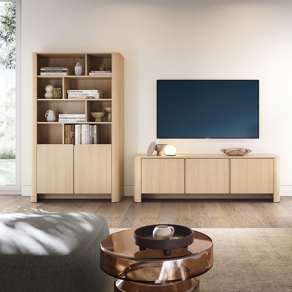 Lomadox Bücherregal BRUNNEN-160, Eiche Nb., grifflos, 2 Türen, 8 offene Fächer, 103 cm breit