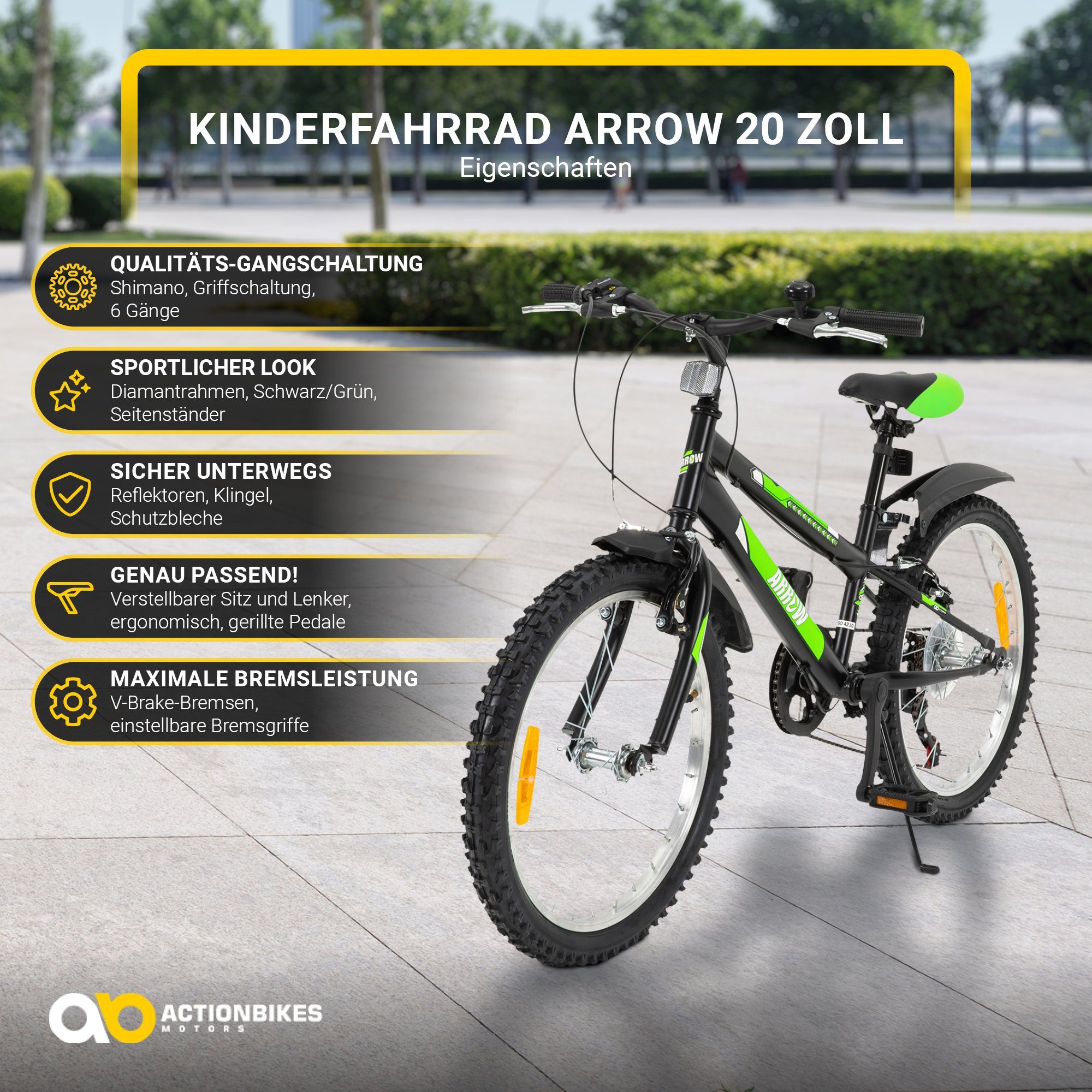 Actionbikes Motors Kinderfahrrad Arrow Fahhrad für Kinder Dirt Bike BMX, 6 Gang, Kettenschaltung, (Kinderfahrrad 20 Zoll, Fahrrad für Kinder, BMX, Fahrrad ab 6 Jahren, Kinder Fahrrad, Kinder Fahrrad mit verstellbarem Sitz, Fahrrad mit Ständer), höhenverstellbares Bike Jungen Mädchen Kinderrad ab 6 Jahre
