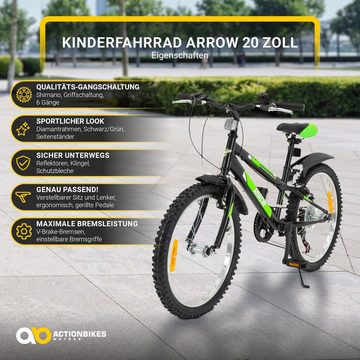 Actionbikes Motors Kinderfahrrad Kinder Fahrrad Dirt Bike BMX Arrow, 6 Gang, Kettenschaltung, (20 Zoll, ab 115 cm Körpergröße, 6 Gänge, Schutzblech, Reflektoren, Katzenaugen, Klingel, Seitenständer, Luftreifen, 1-tlg., V-Brake-Bremsen, Diamantrahmen, 40 kg Traglast, schwarz / grün), höhenverstellbares Bike Jungen Mädchen Kinderrad ab 6 Jahre