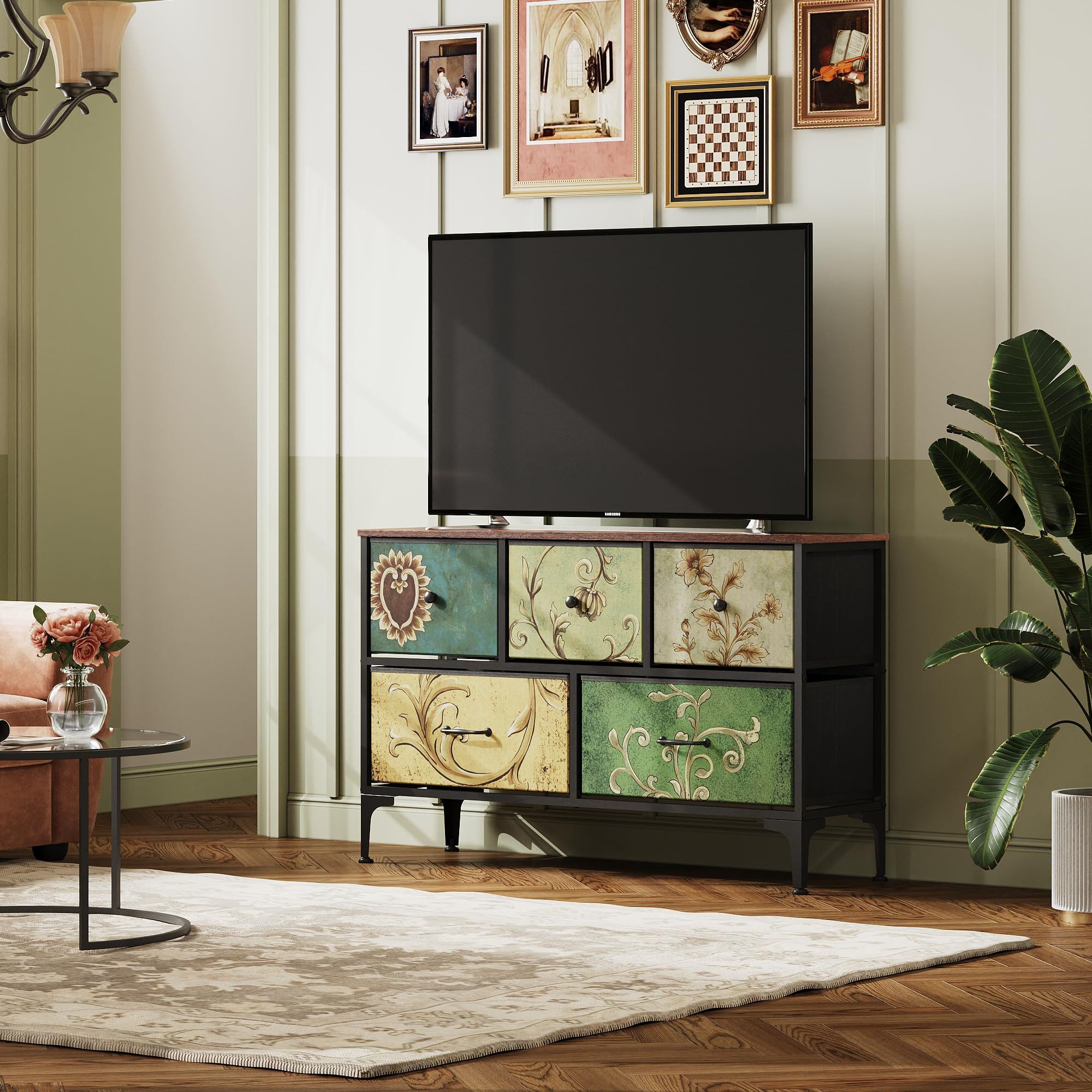 WLIVE Kommode Kommode mit Schubladen aus Stoff, Boho Vintage Schubladenschrank (Wohnzimmer & Flur, Holzoptik & Stoffschubladen, 5), dekorativer Aufbewahrungsschrank