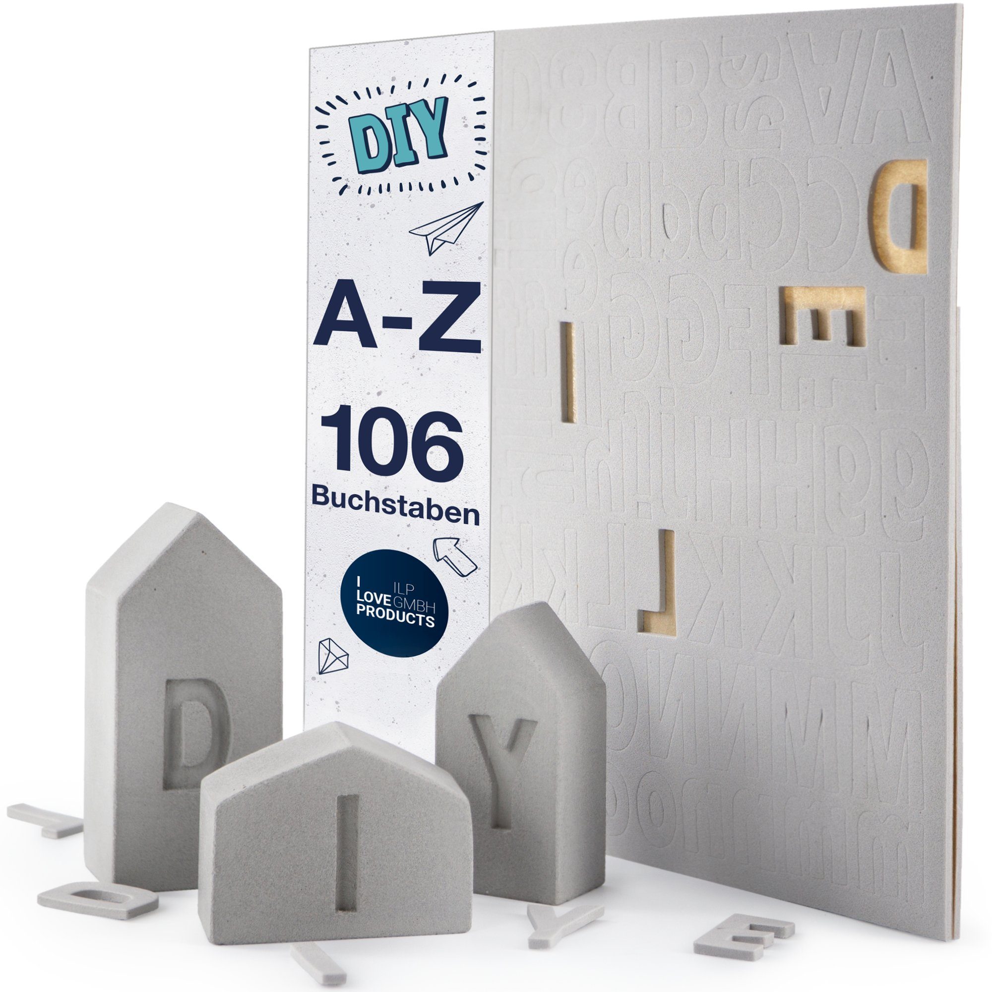 ILP Dekoobjekt Beton Stempel A-Z, 106 Kleine Beton Buchstaben - Großbuchstaben und Kleinbuchstaben - DIY Dekoration von Beton Objekten zum Selbstgießen. € 6,99