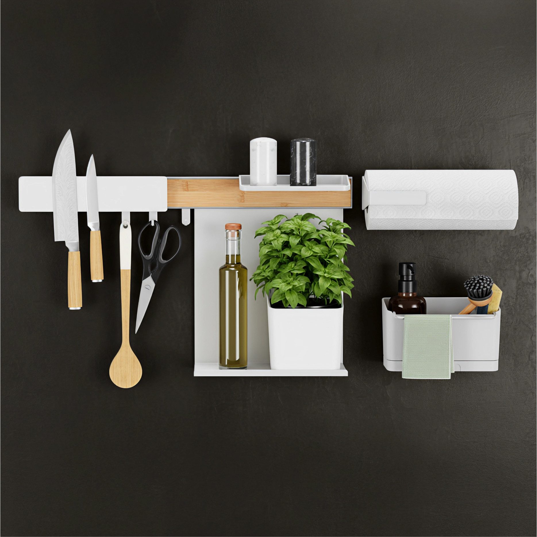 tesa Hakenleiste Küchen-Organizer Regal Wandmontage ohne Bohren, Combi-Set XL, Weiß, (Komplett-Set, 8 St., inkl. Spül, Rollen, Kräuter & Messer Organizer, Klebelösung & Adapter), Selbstklebend, multifunktional, Wandmontage, Gewürzregal