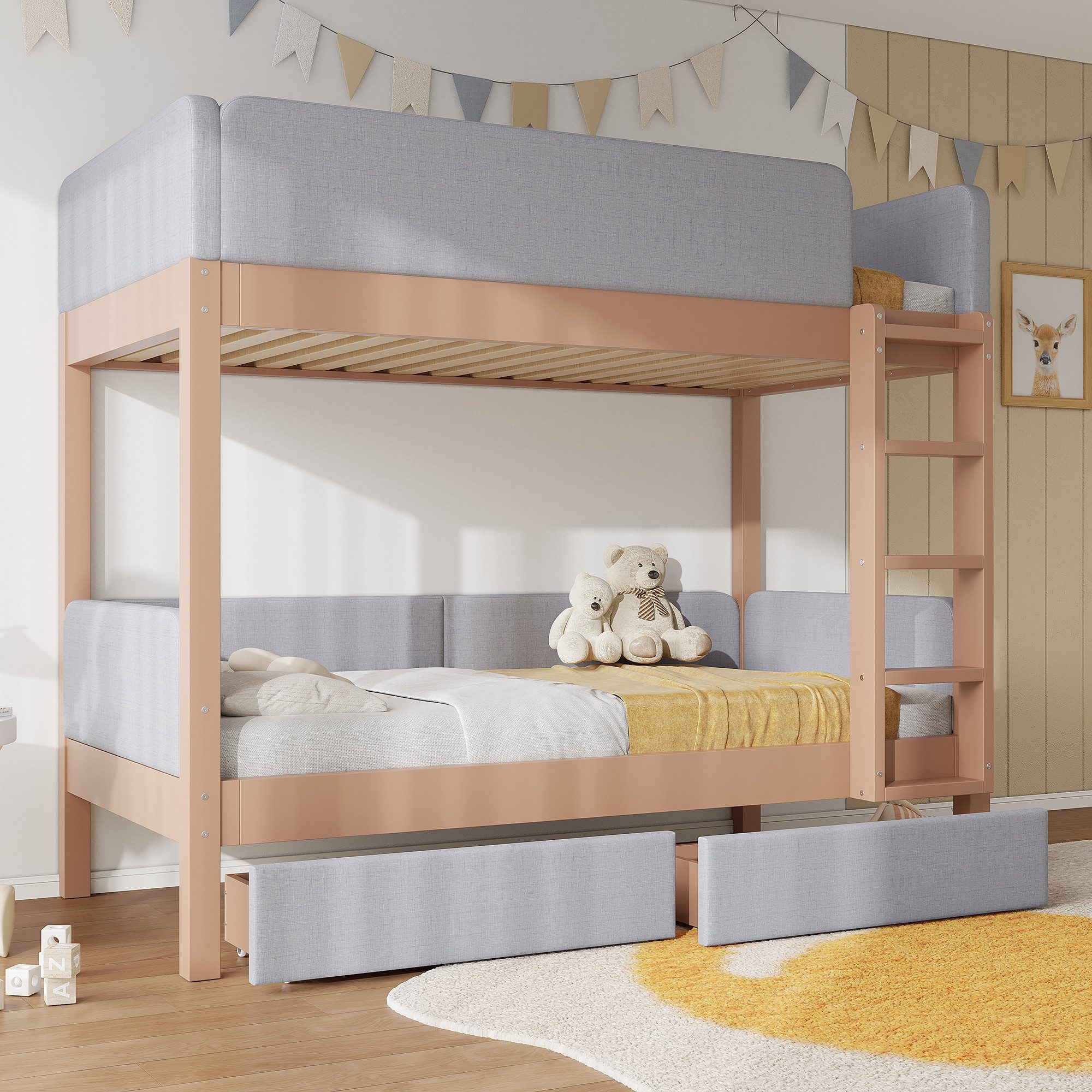 Flieks Etagenbett, Kinderbett 90x200cm mit Antikollisions-Schwammkante und 2 Schubladen
