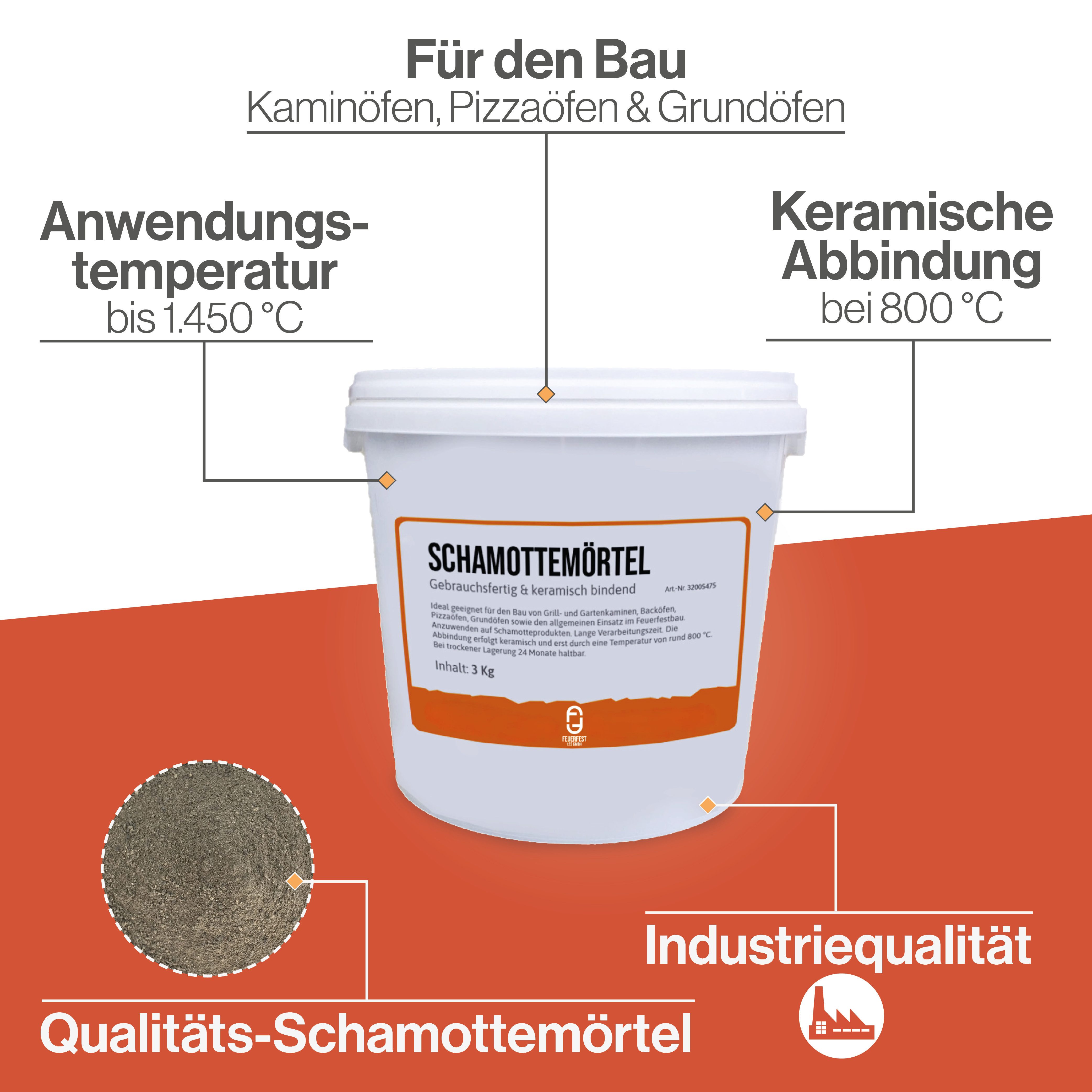 Feuerfest 123 GmbH Mörtel Schamottemörtel Schamottmörtel - Für Kaminöfen, Öfen & Grills, (Hitzebeständig bis 1.450 °C), - keramische Abbindung