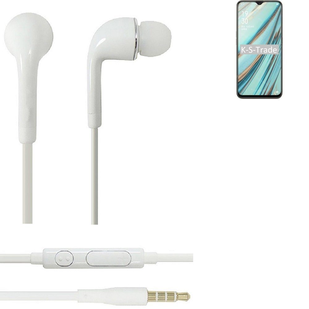 K-S-Trade für Oppo A9 In-Ear-Kopfhörer (Kopfhörer Headset mit Mikrofon u Lautstärkeregler weiß 3,5mm)