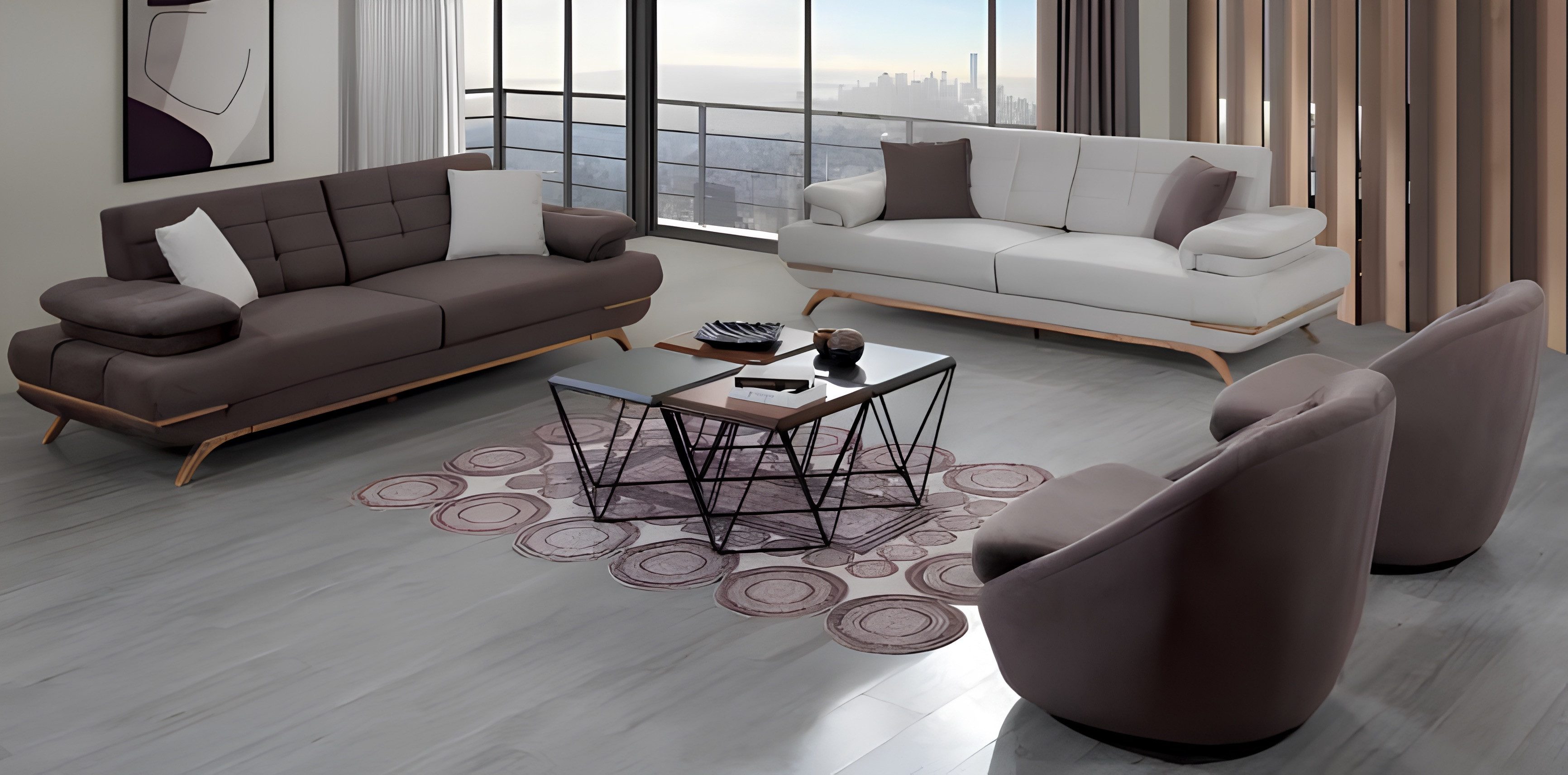 JVmoebel Polstergarnitur Modernes Sofa Set 3+3+1+1 in Grau und Braun - Elegantes Polsterdesign, (4-tlg., Sofa 3-Sitzer, Sessel), Made in Europe