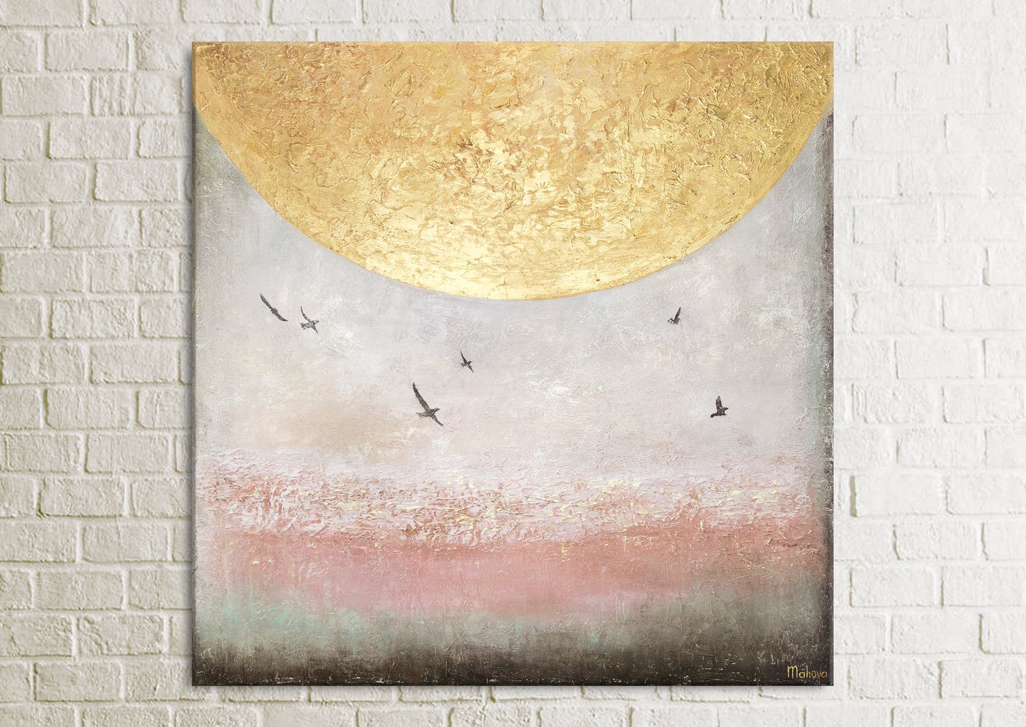 Schattenfugenrahmen Landschaft, Leinwand Ohne Gemälde Sonnenenergie YS-Art Vögel Bild Abstrakt Handgemalt Sonne Goldene II,